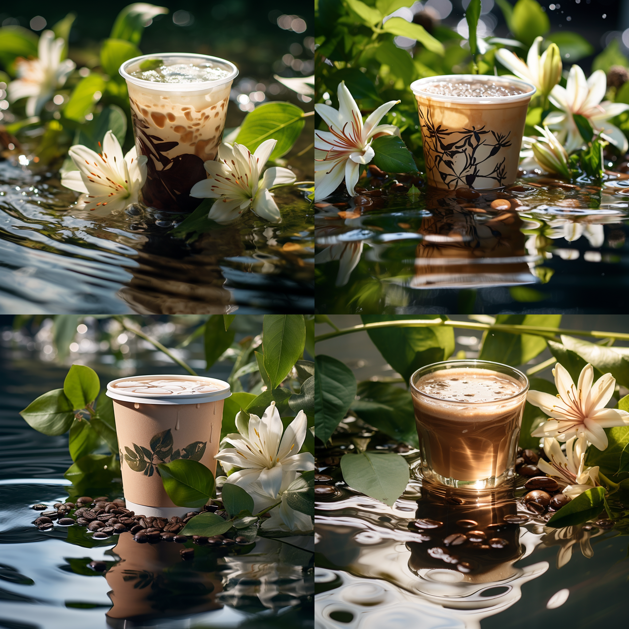 一杯纸杯咖啡特写，倒影水面，波光粼粼，咖啡豆，百合花，绿叶，中心构图，美食摄影，真实光影，时尚，鲜活，柔和光