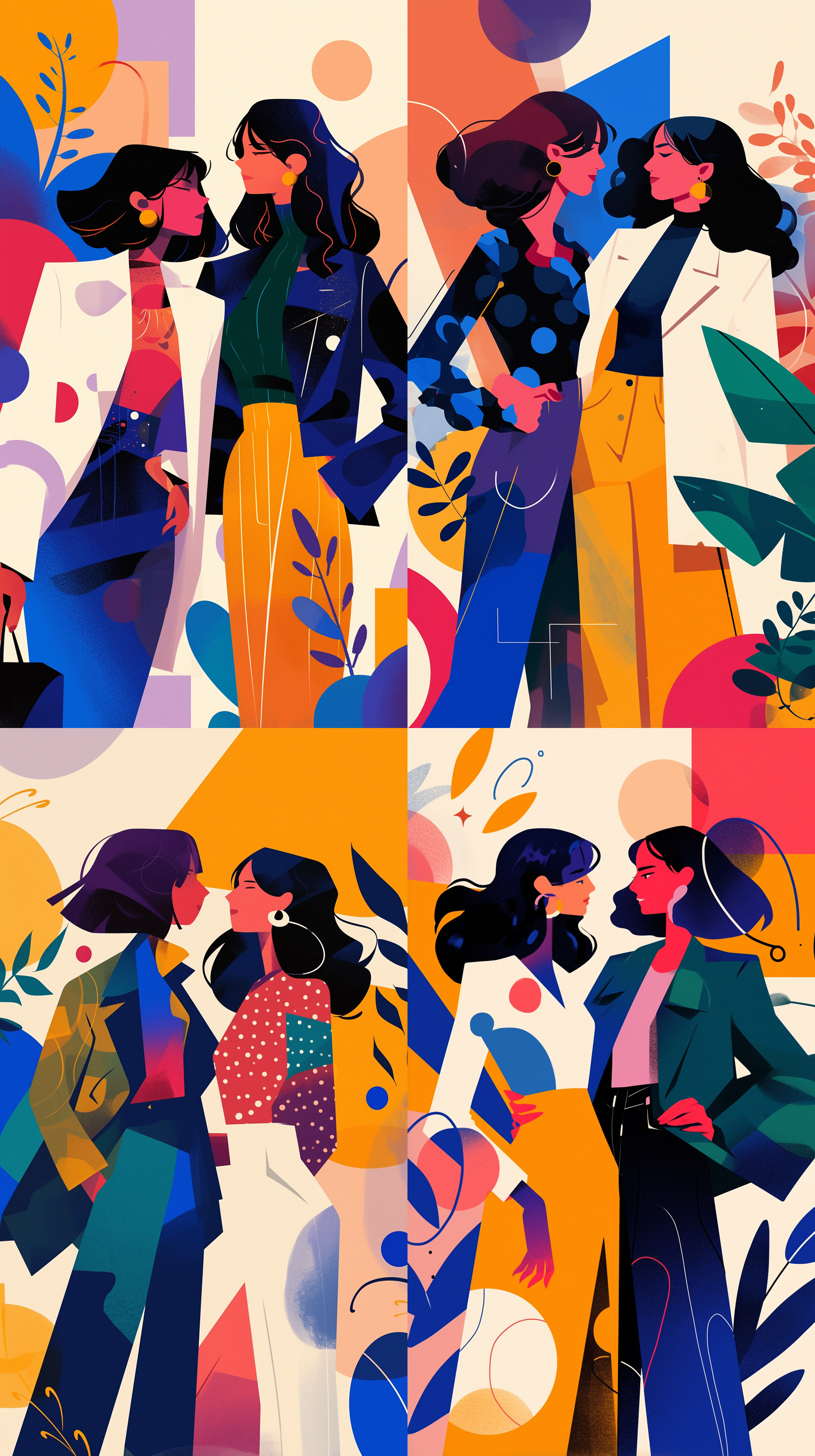 穿着礼服的女士，彩色色块插画，扁平风格，色块风格，色彩鲜亮，新生，活泼，希望，欢乐，美好，漂亮，抽象派，艺术感，未来主义，极简主义，大面积使用错视，色彩鲜亮，扁平插画，色块插画，公平，公正