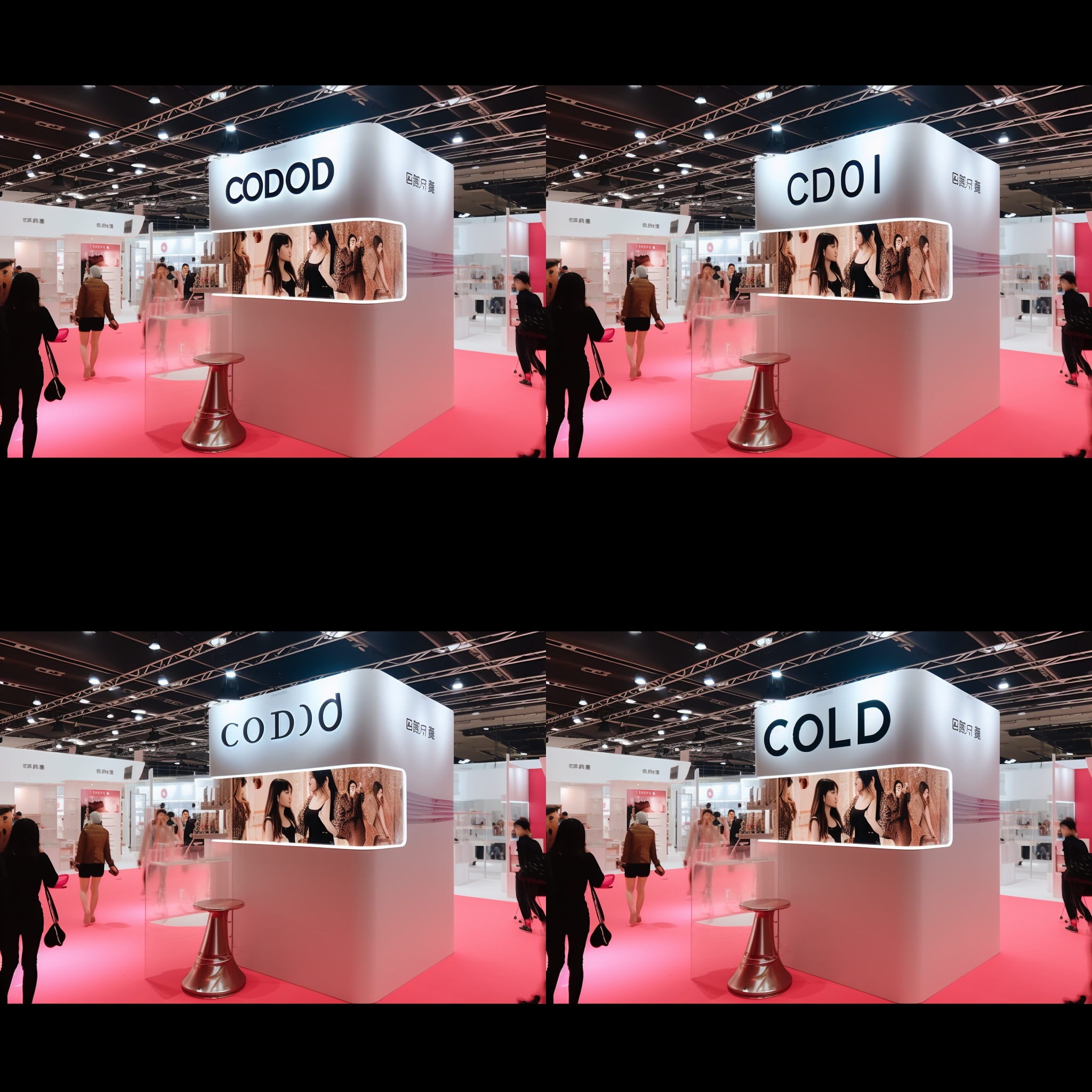 美妆展会，展会logo是 i-codi, 隐形眼镜展会，有很多好看的新品，很多人参加，logo 发光，站台是粉色和黑色的时尚风格，高级感满满