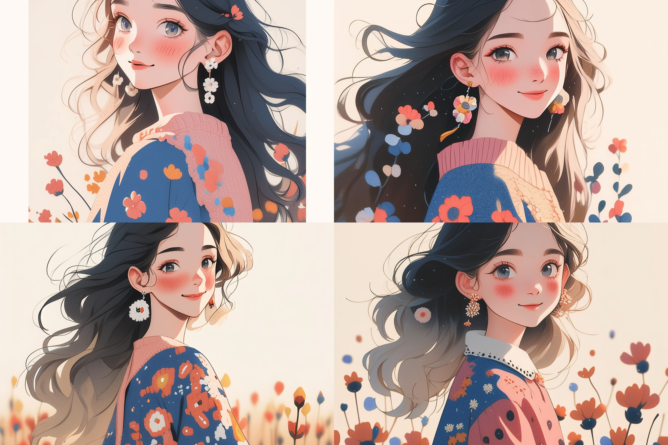 可爱女孩在花海中微笑，身穿粉色连衣裙，长发飘逸。正面构图，柔和光线，中焦镜头，自然表情，多彩花朵，温暖色调，快门速度适中，幸福。