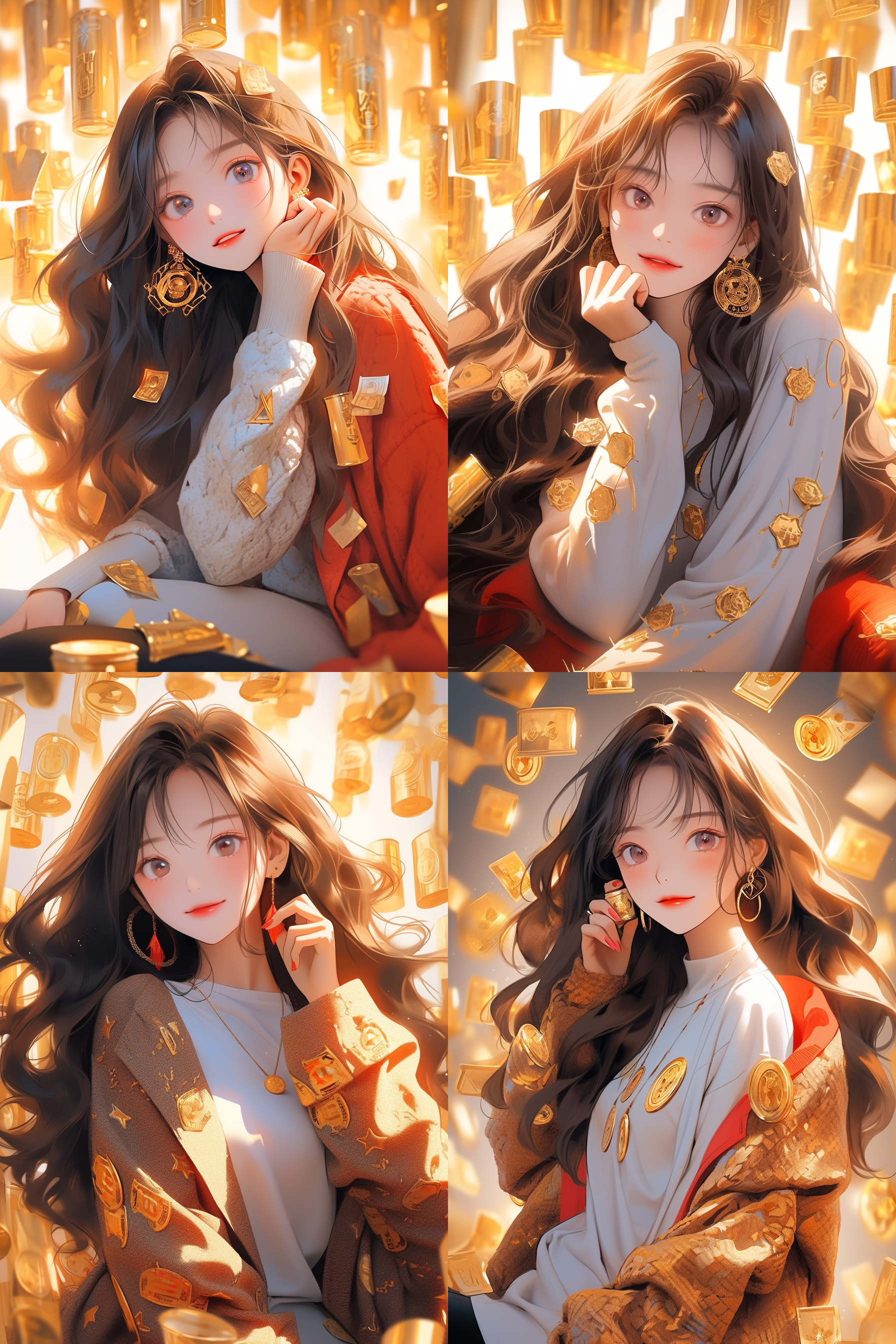 漂亮女人，金币环绕，暴富主题，金色调，正装服饰，微笑，中心构图，广角镜头，高对比度，室内场景，闪光灯，奢华感，梦幻。