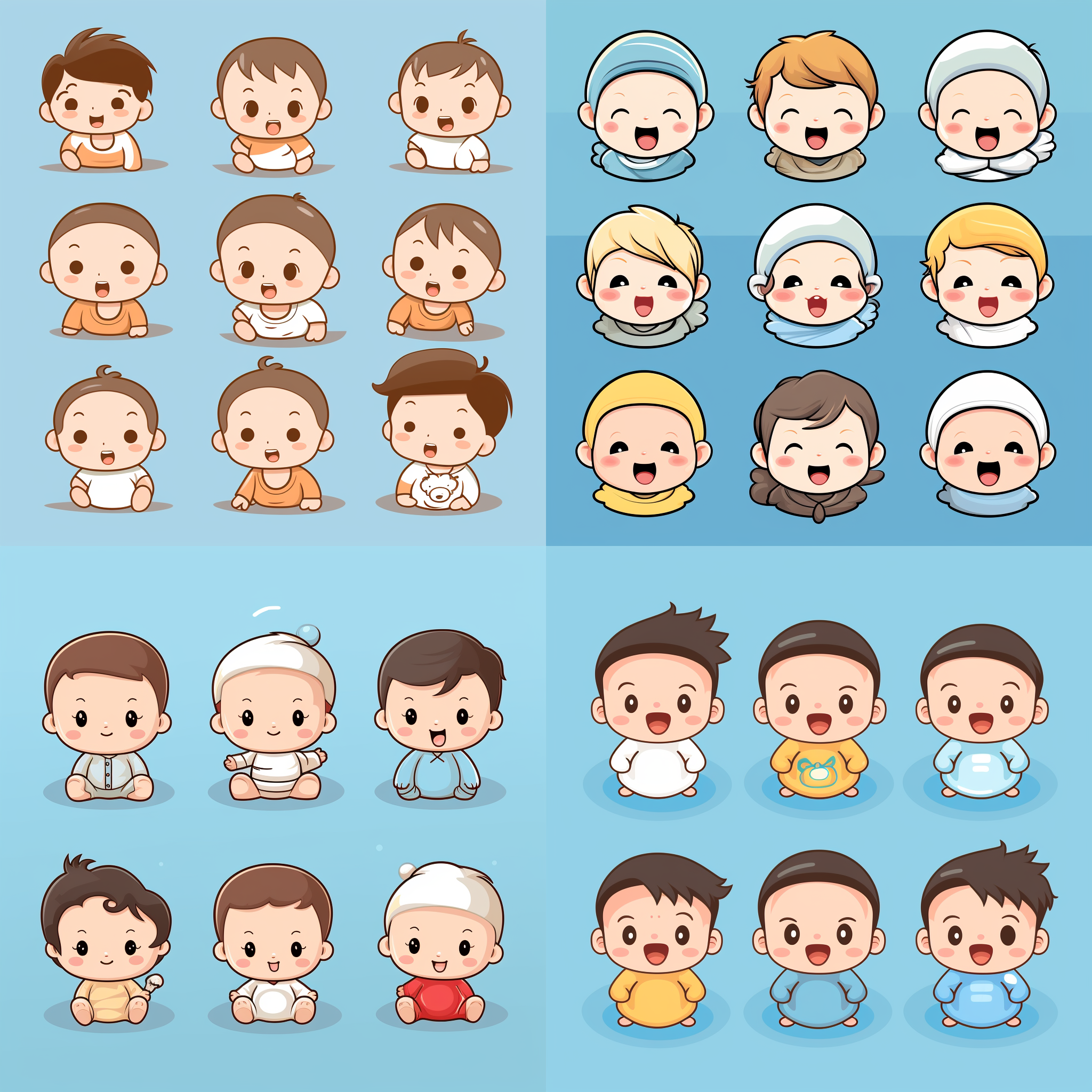 可爱初生婴儿，人物完整，简笔画风格，纯色背景，6色模式，简单构图，插图风格，清晰轮廓，表情简洁，卡通，干净。