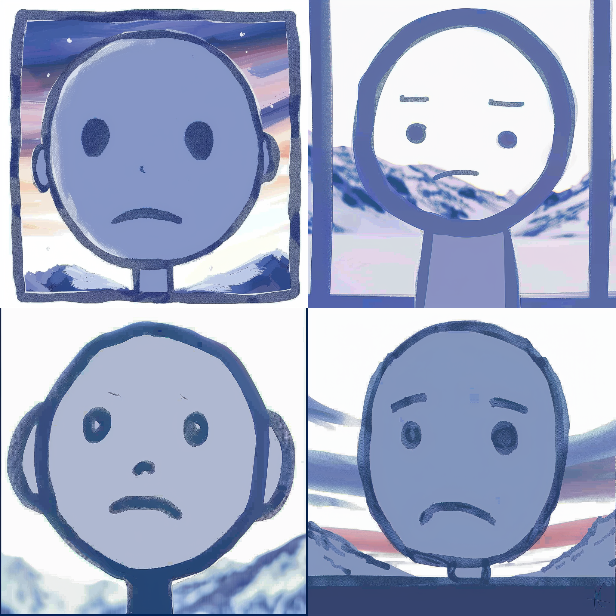 机器人少年透过窗户看雪山，细节的天空，色彩斑斓的风景，山上，远景，窗户框架，侧光，长焦镜头，静态，科幻风格，蓝色调，好奇。