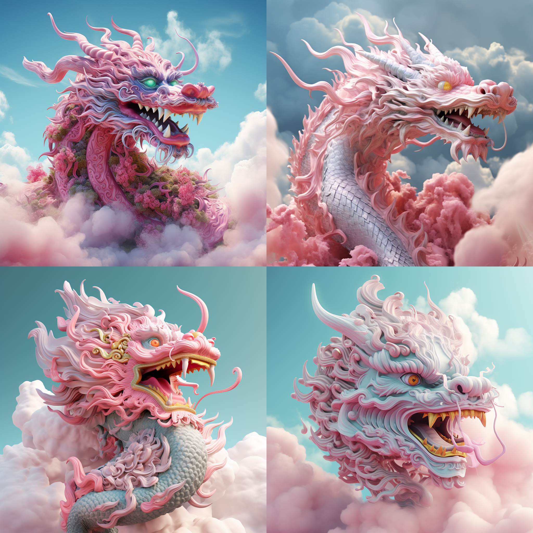 中国龙飞翔，云端，龙头特写，粉红色调，玉石材质，oc渲染，中国风画面，明亮色调，高清画质，8k。