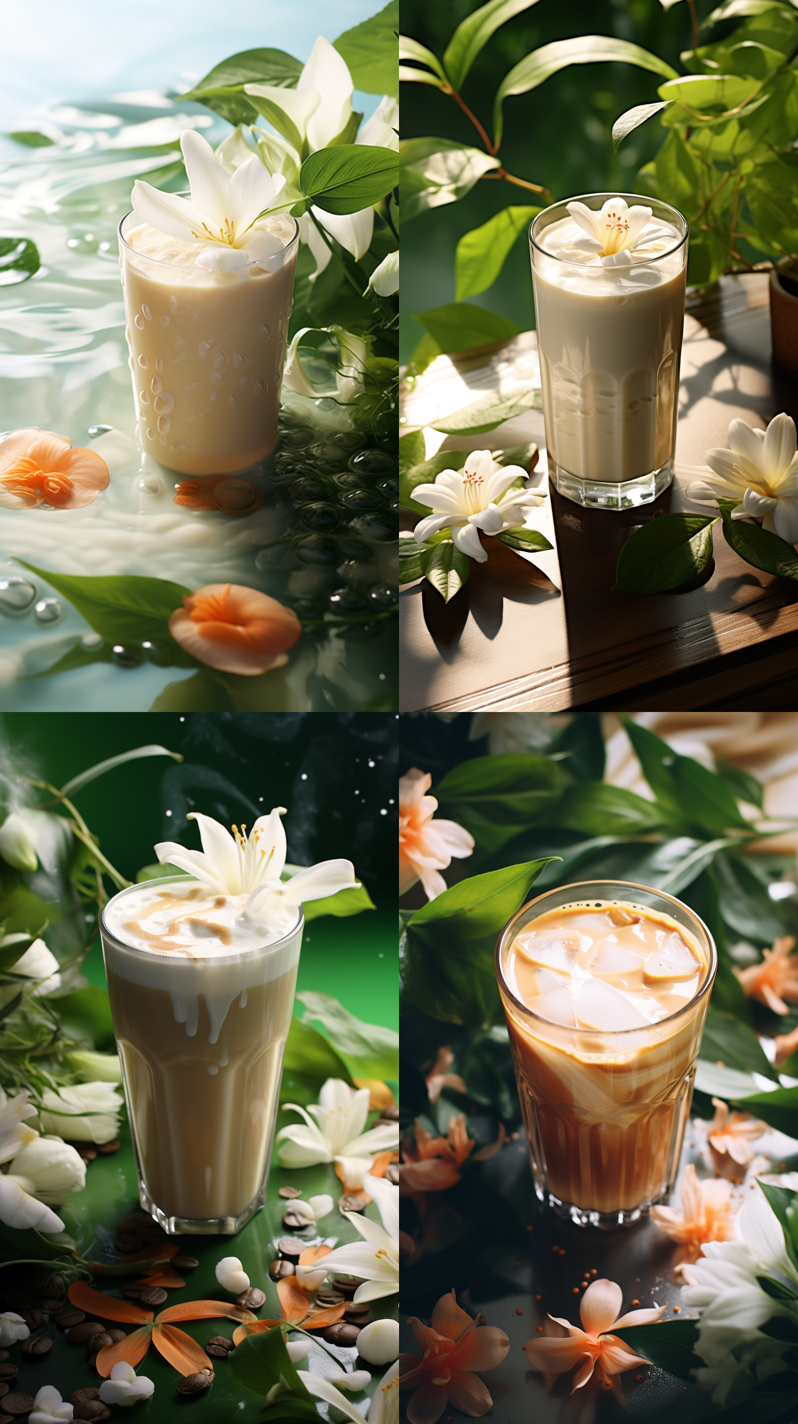 一杯奶茶特写，倒影水面，波光粼粼，咖啡豆，百合花，绿叶，中心构图，美食摄影，真实光影，时尚，鲜活，柔和光