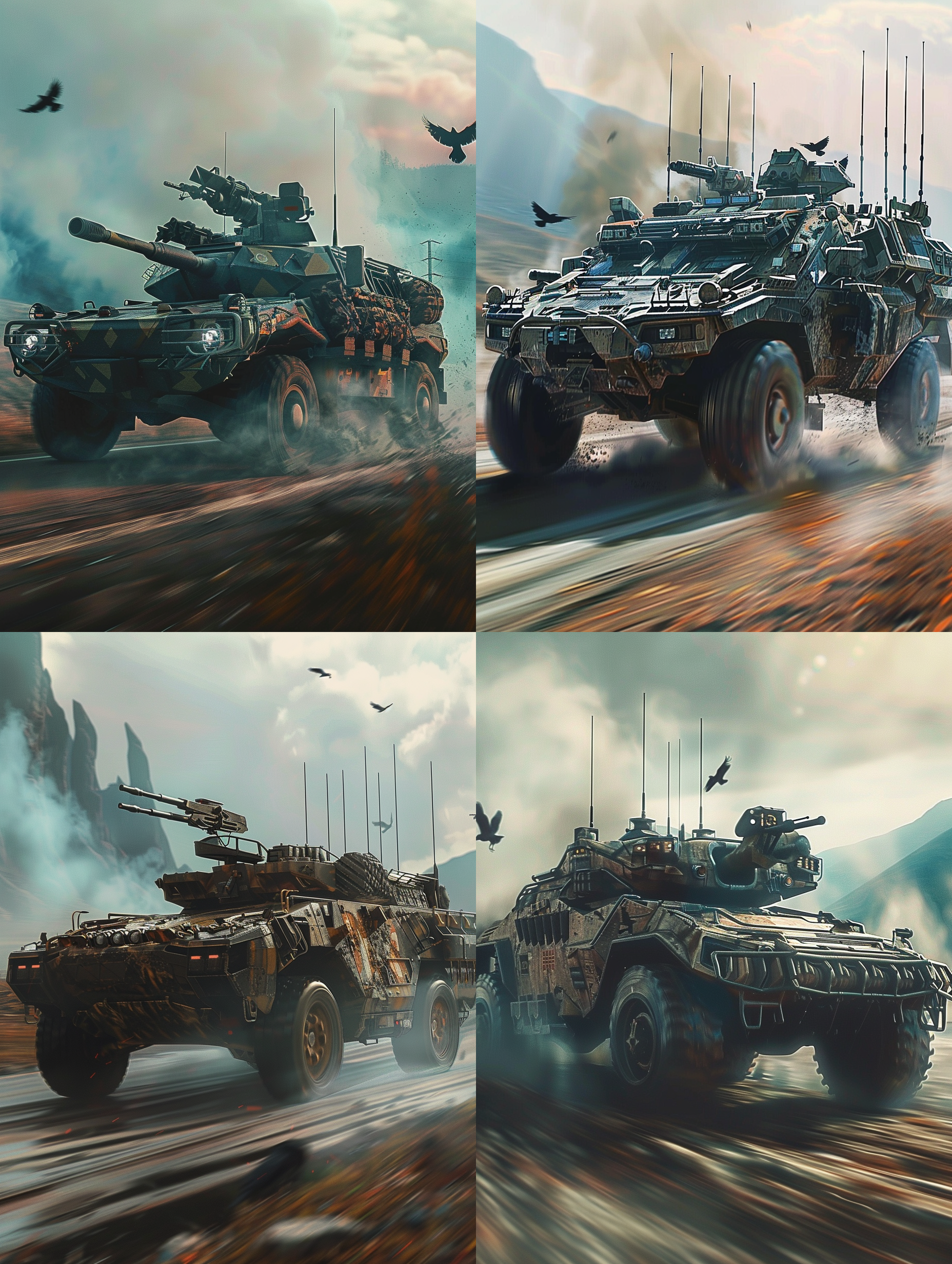 未来战车在废土上行驶，车身覆盖着厚重的装甲。废土上弥漫着烟尘和废墟，天空中飞翔着乌鸦。战车带有机械感的设计，冷色调，低角度拍摄，宽广视野。