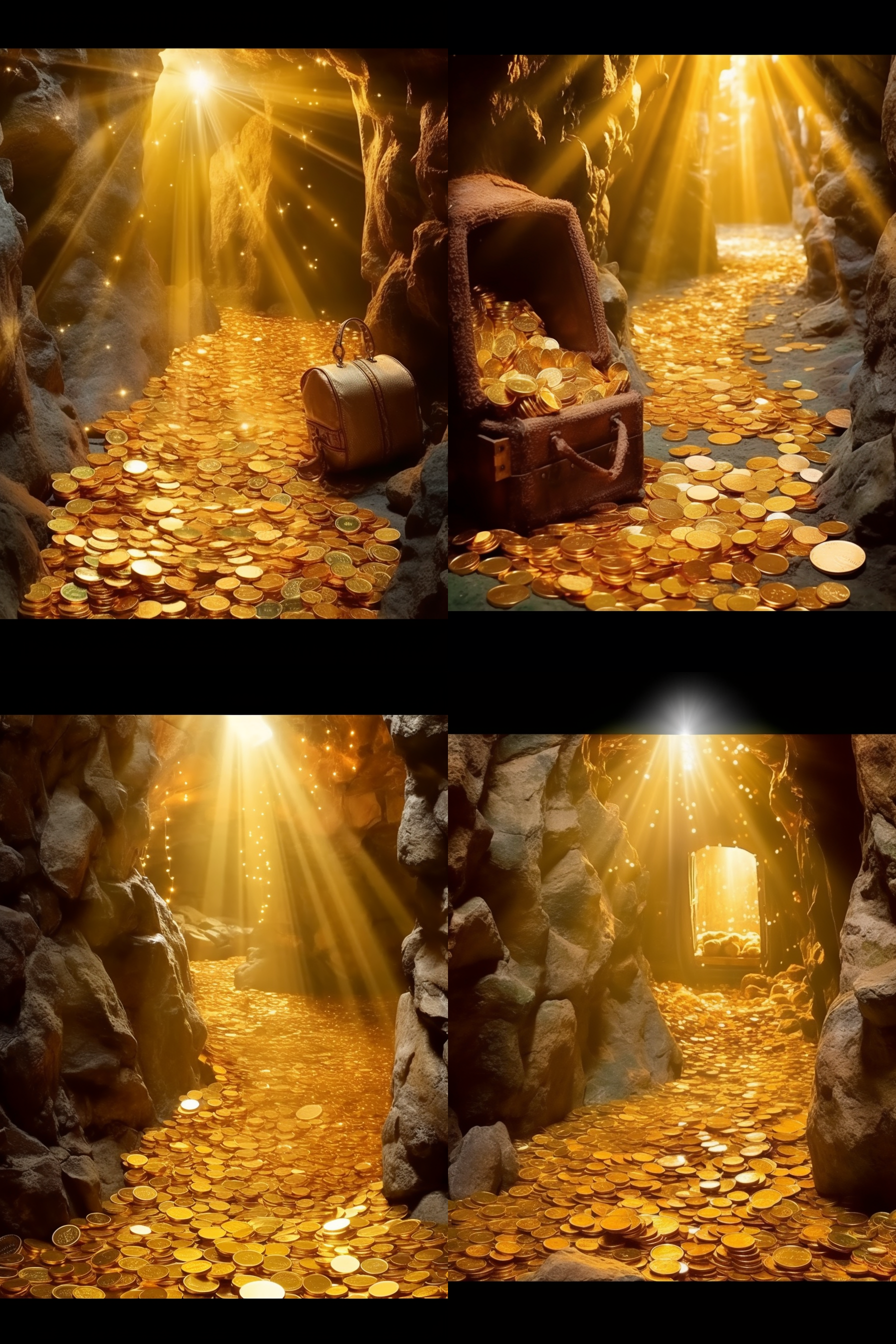 在场景中，山洞堆满了金币的麻袋，金币遍布四周。照片风格明亮炫目，呈现出奢华和财富的氛围。没有人物出现在照片中。 金币，山洞，麻袋，金库，奢华，财富，明亮，炫目。