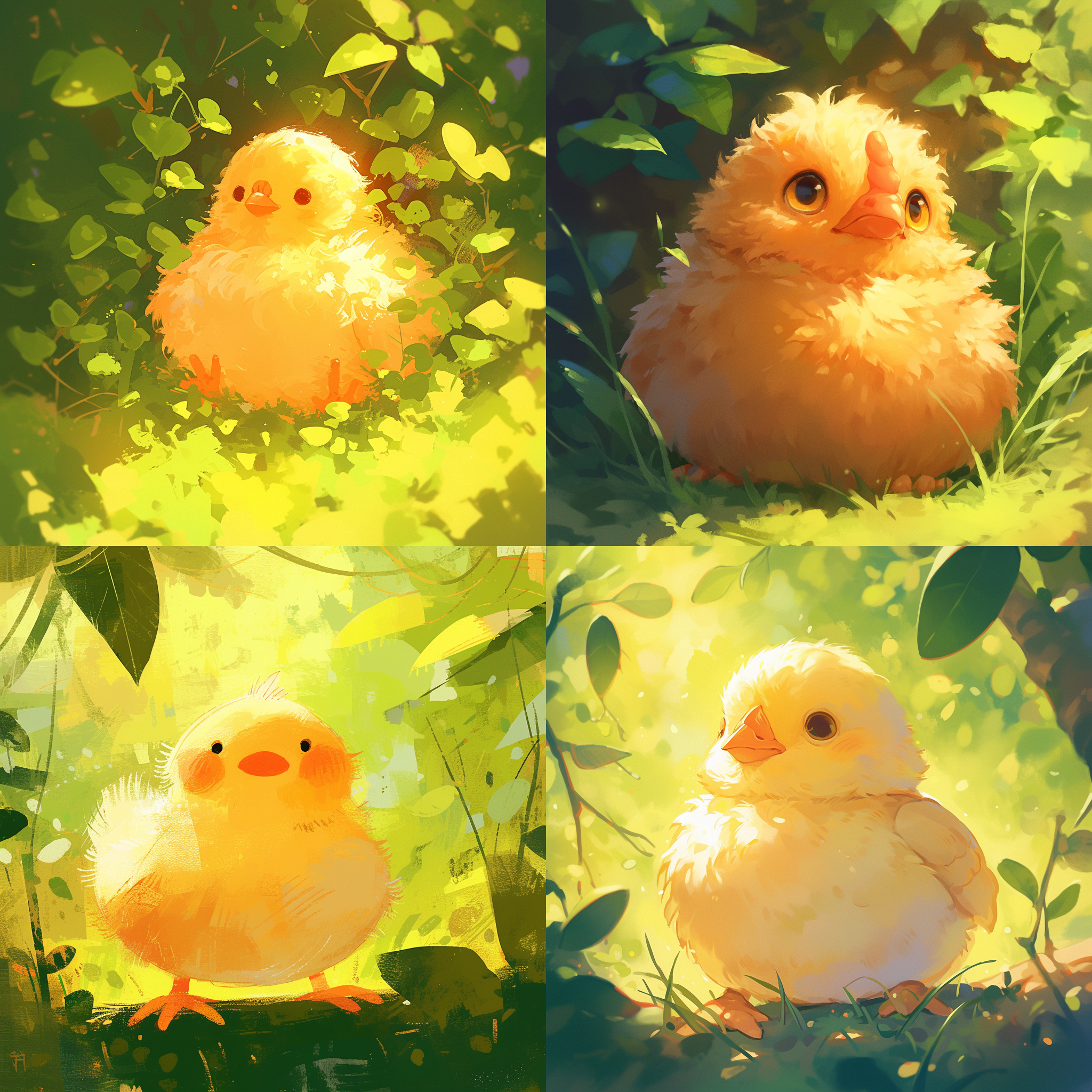 可爱小鸡探险，绿树花园背景，毛茸茸身体，明亮眼睛，中心构图，自然光，微距镜头，自然色调，欢快活泼，温暖，简笔画。