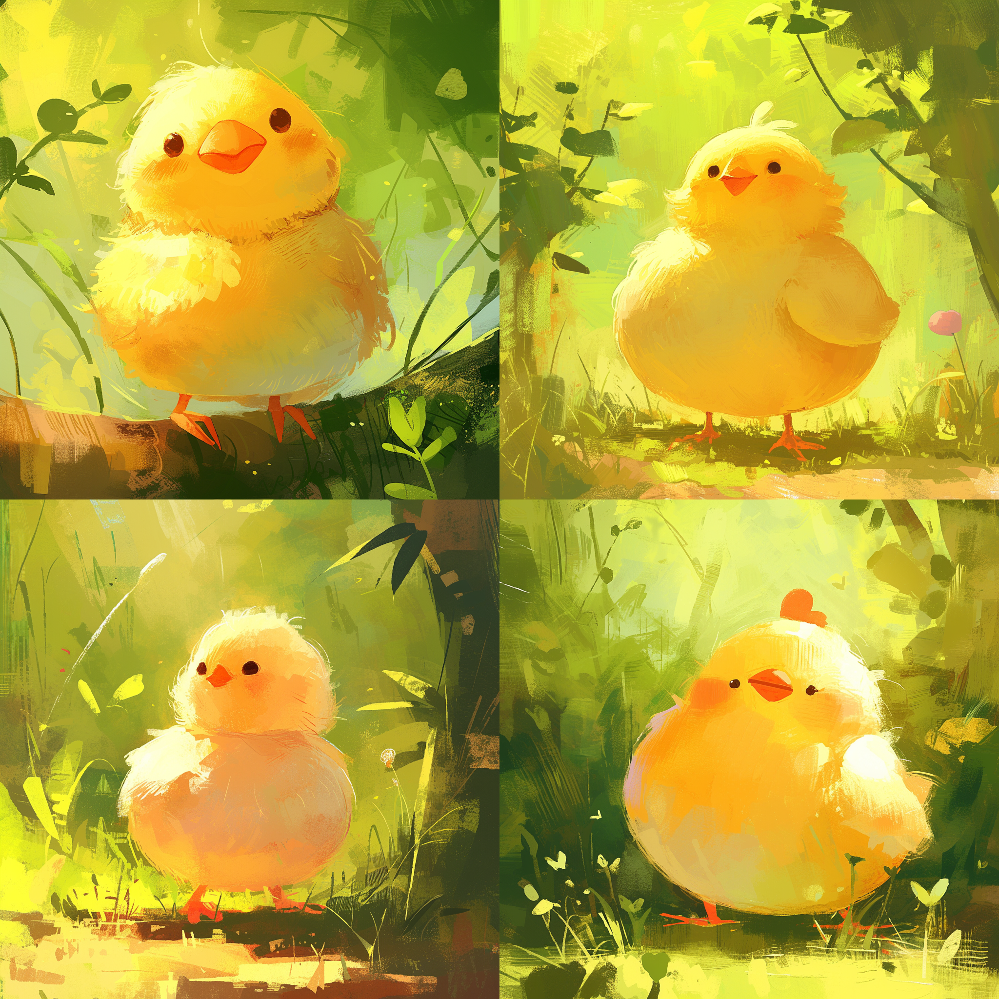 可爱小鸡探险，绿树花园背景，毛茸茸身体，明亮眼睛，中心构图，自然光，微距镜头，自然色调，欢快活泼，温暖，简笔画。