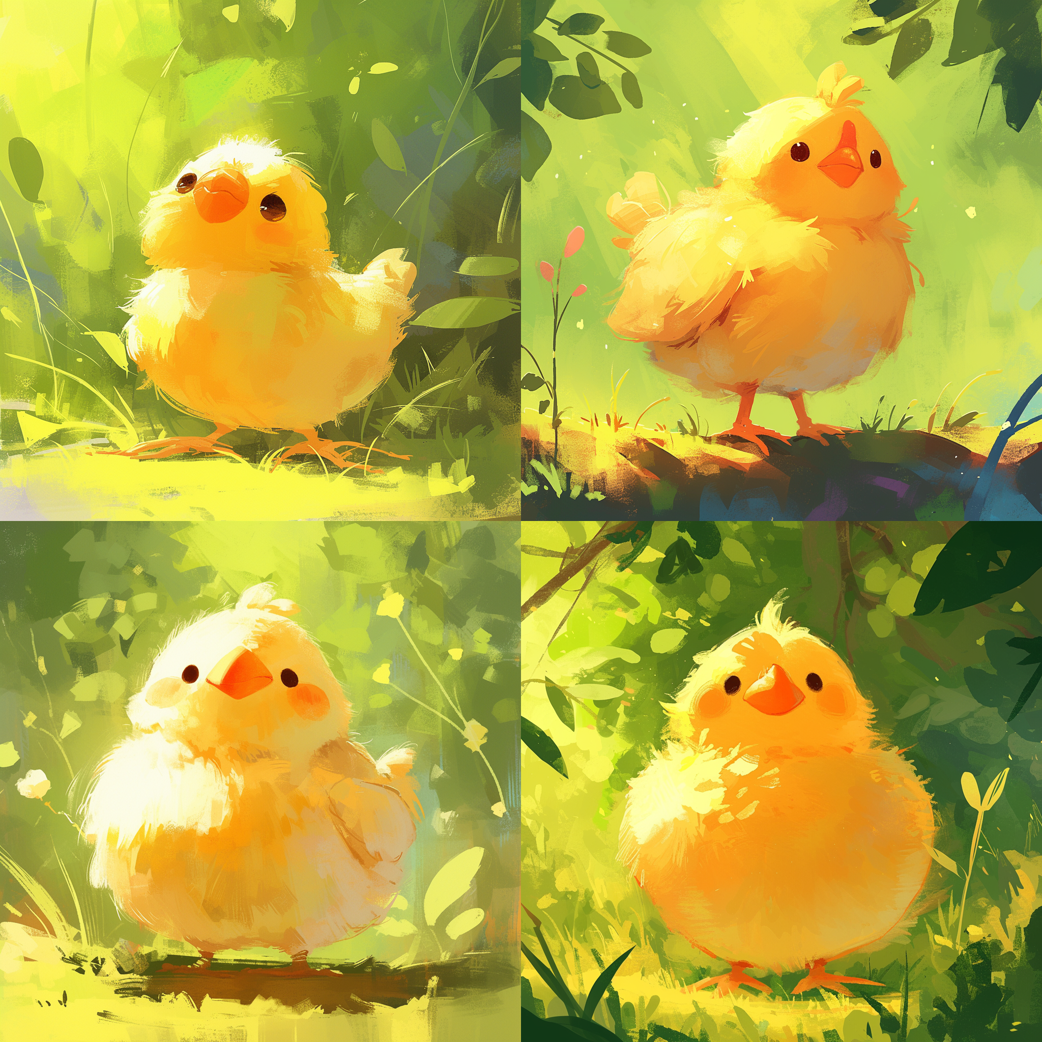 可爱小鸡探险，绿树花园背景，毛茸茸身体，明亮眼睛，中心构图，自然光，微距镜头，自然色调，欢快活泼，温暖，简笔画。