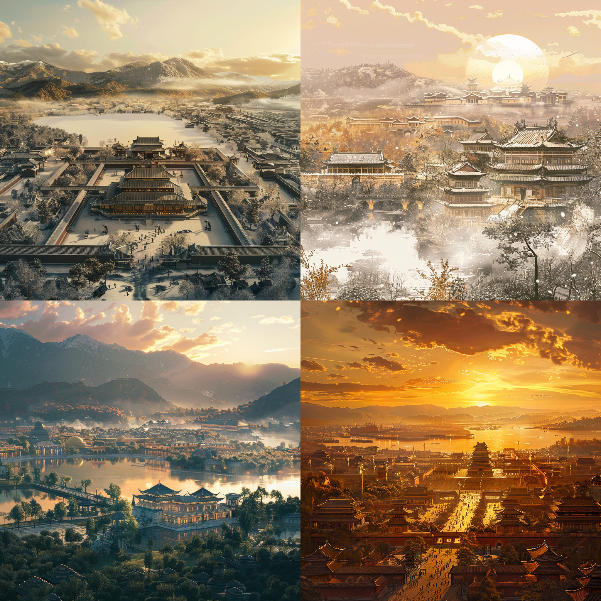 繁华富庶的霜城，古典宫殿建筑，湖光山色，远处是帝国边境，昏暗天空，金色阳光，华丽服饰的贵族，微笑，和平与紧张并存。 古典建筑，山水画风格，长焦镜头，黄昏光线，静态，贵族服饰，金色调，喜悦，忧虑。