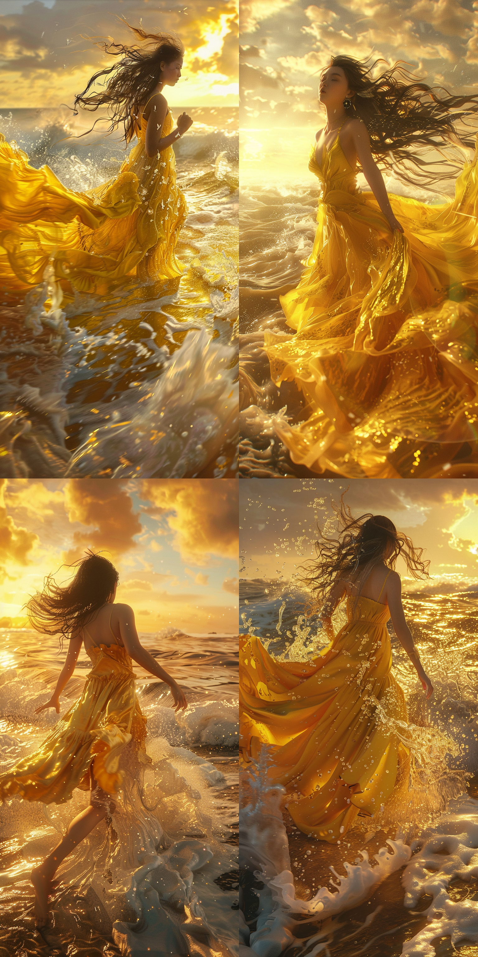 亚洲女孩追逐浪花，明亮黄色裙子，长发飘逸，辽阔海洋，金色日落，长焦距镜头，身体倾斜奔跑瞬间，充满活力。oc渲染器, 数码绘画, 三维, 动画艺术, 解刨学绘图, 蒸汽朋克, 鱼眼视角, 黑金, 丁达尔效应, 彼得萨维尔, 达芬奇, 丰塔纳, 伊万, 天野喜孝, 艾尔特. oc渲染器 数码绘画 三维 动画艺术 解刨学绘图 蒸汽朋克 鱼眼视角 黑金 丁达尔效应 彼得萨维尔 达芬奇 丰塔纳 伊万 天野喜孝 艾尔特