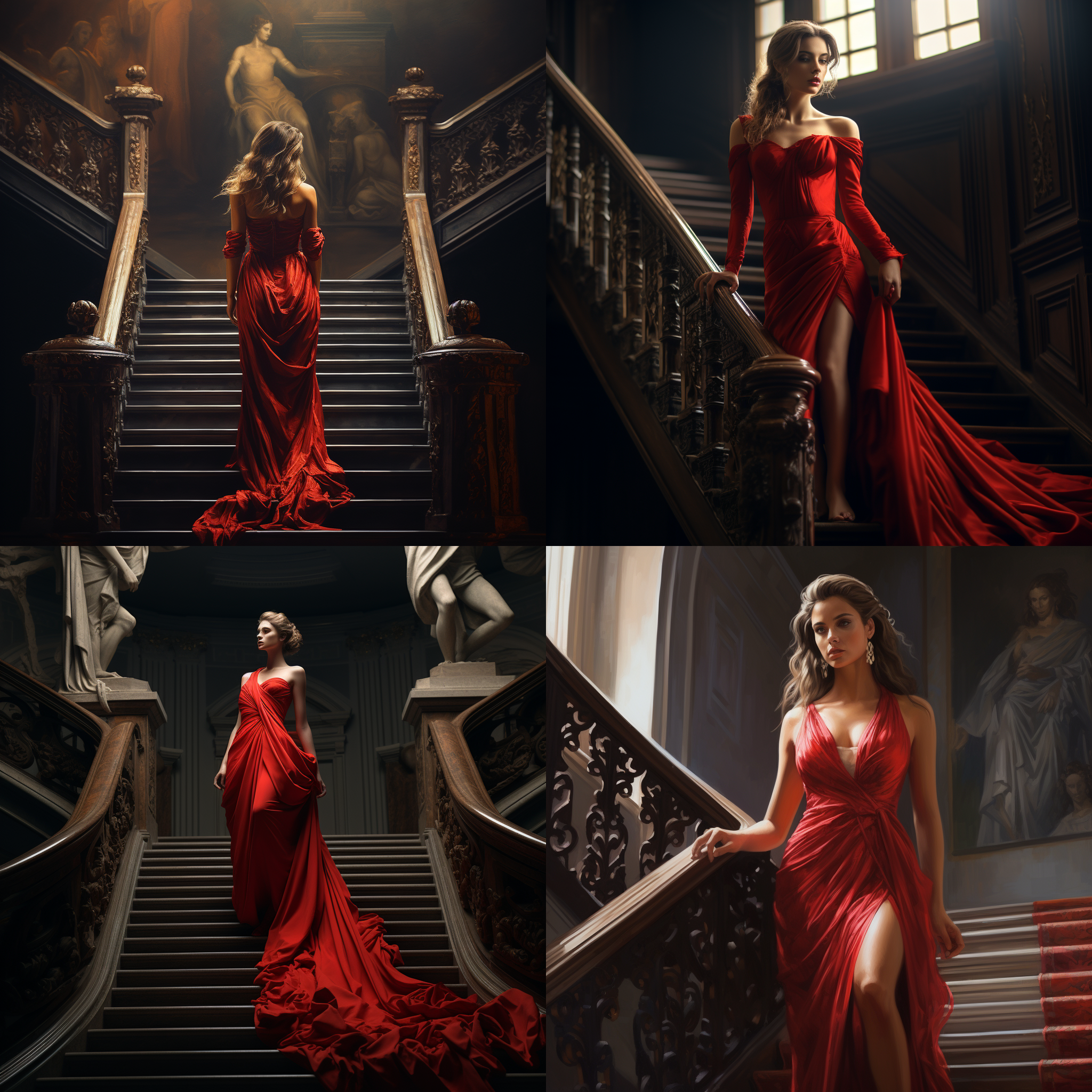 女人穿着红色礼服站在楼梯上，旁边是梯子，身材曼妙，雕像，范气质，唯美主义，侧光，楼梯装饰，古典风格，红色元素，端庄优雅，优美线条，神秘情感。