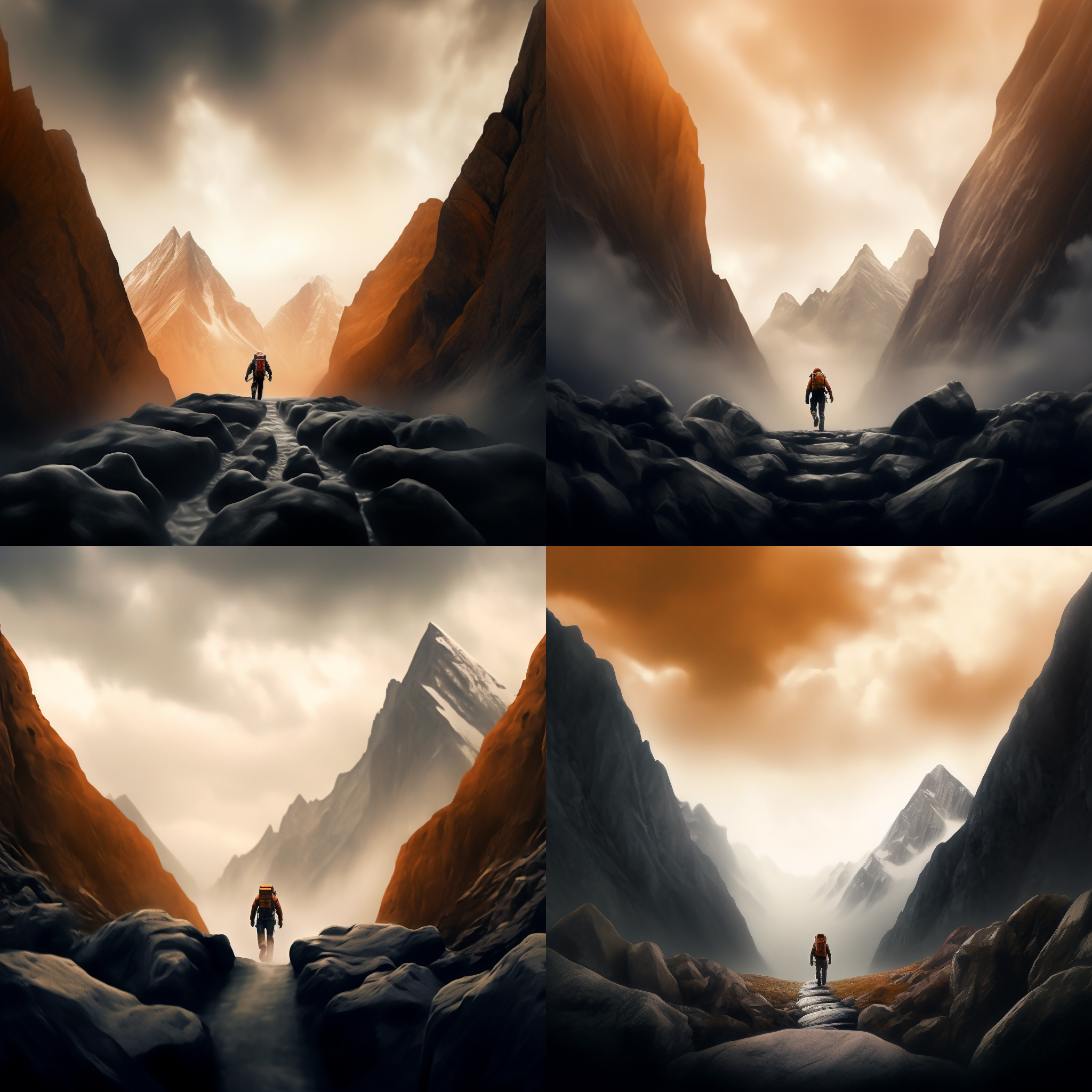 山河云朵消失，黑白色调，高对比度，广角镜头，远景，静态，寂静，庄严，神秘。