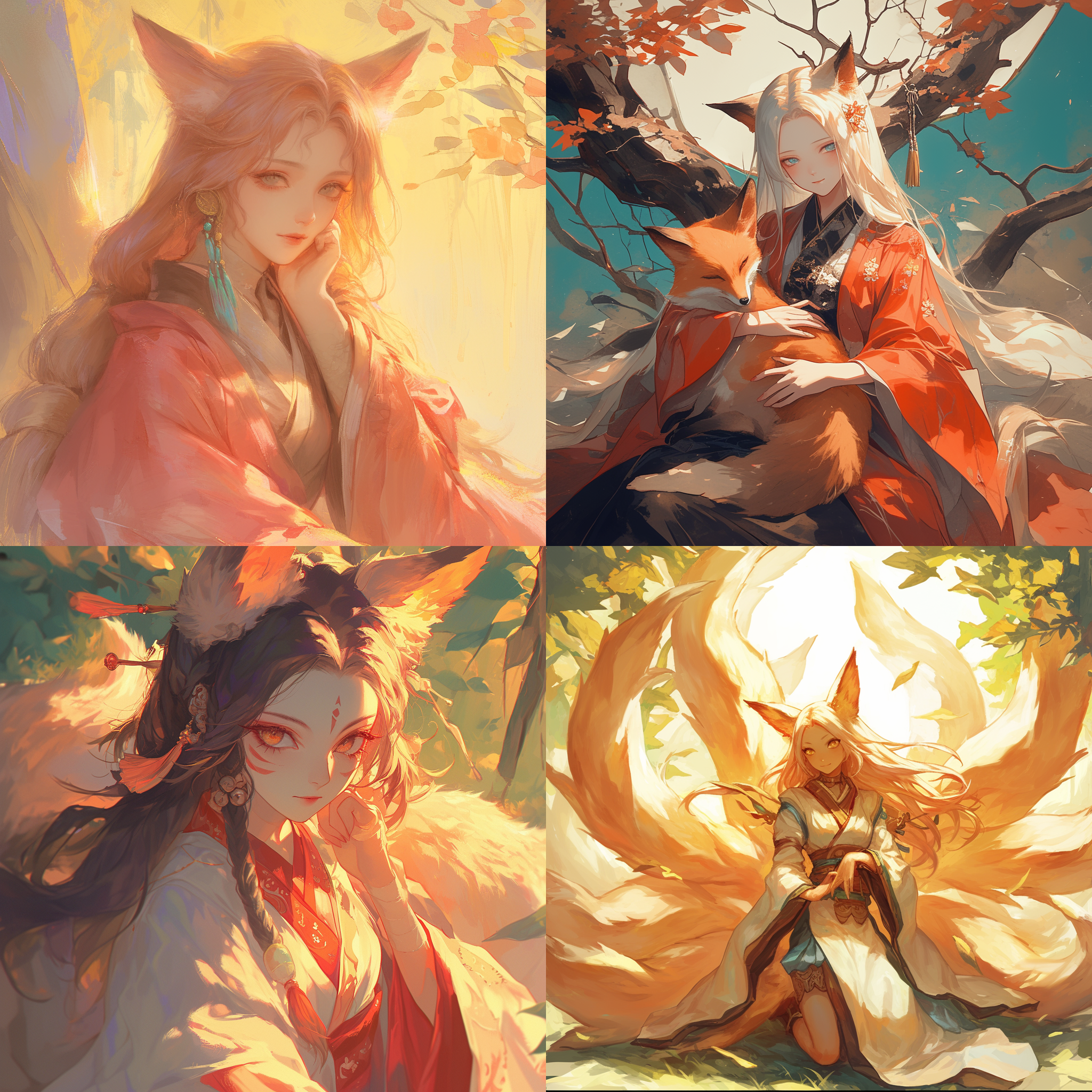 狐仙，古代风格，山林中，柔和光线，长焦镜头，神秘感，互相凝视，传统服饰，和谐色调，平静。