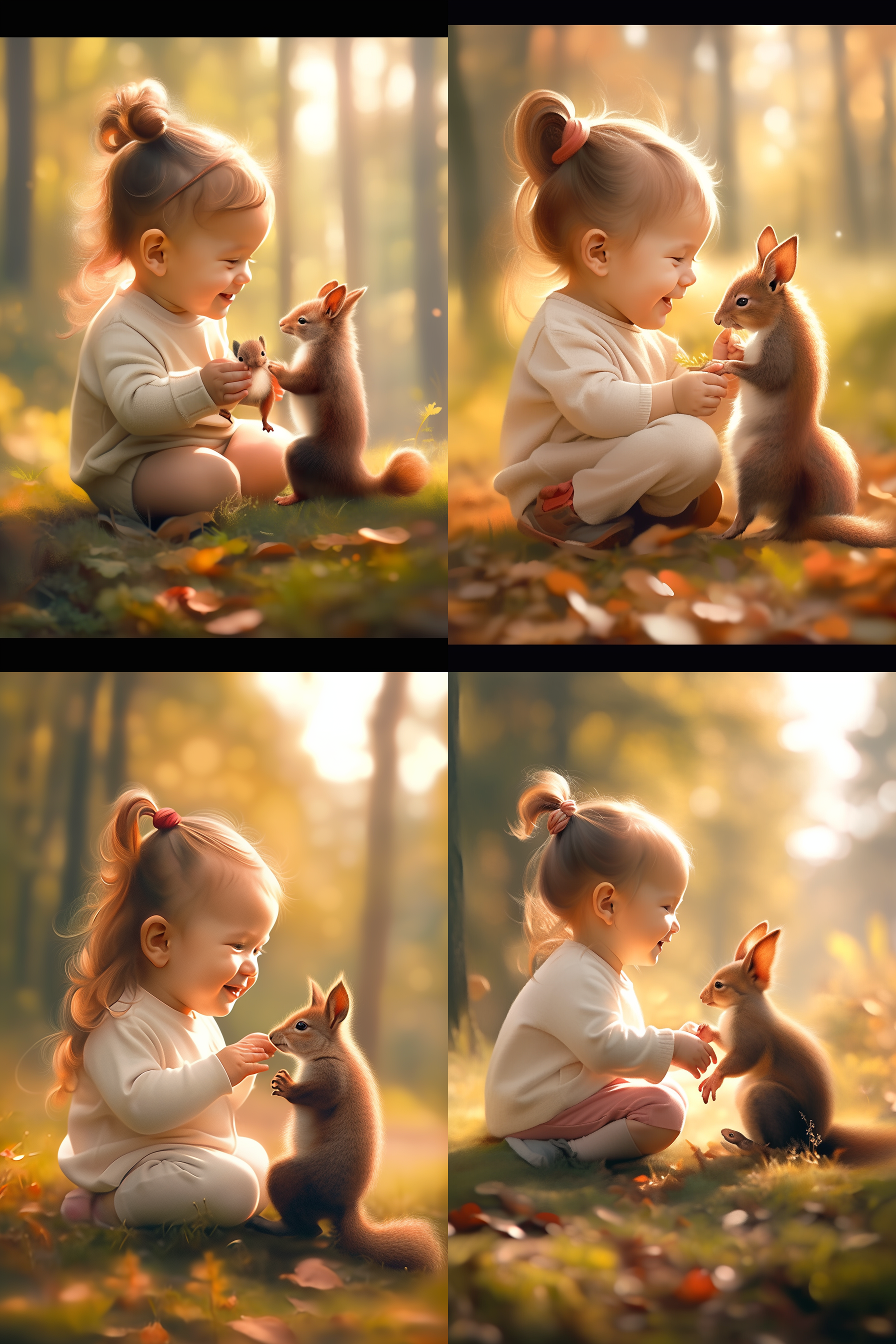 宝宝与松鼠，森林里，日落时分，柔和光线，温暖色调，松鼠在宝宝肩膀上，宝宝笑容满面，穿着舒适的衣服，松鼠毛发细致，眼神灵动，远处树木繁茂。自然风格，人物特写，长焦镜头，自然动作，喜悦，友善，亲近。