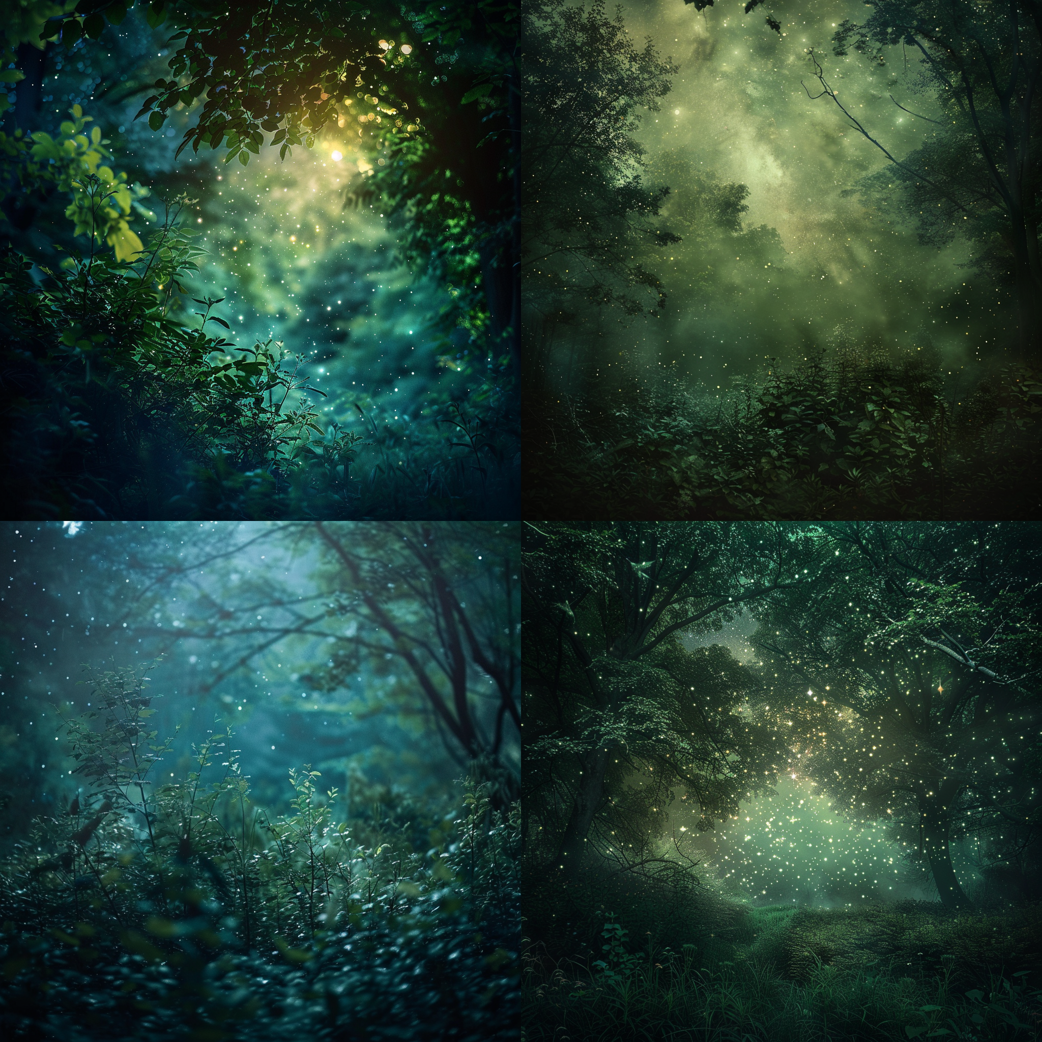 神秘森林，宇宙连结，神秘氛围，绿色植被，星空背景，长焦镜头，柔和侧光，静态场景，神秘色调，探索，宁静。