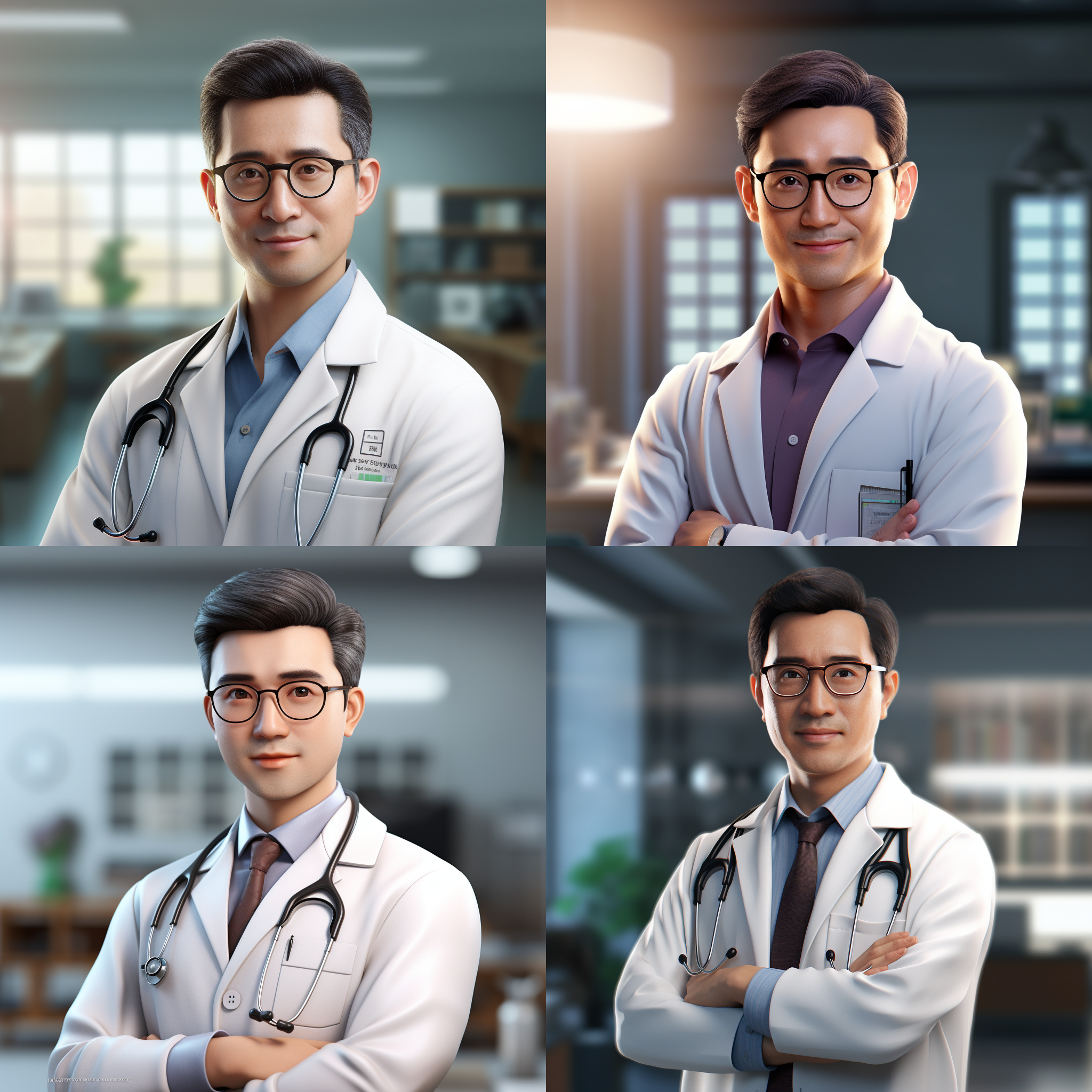 a chinese handsome 40 years old man with black hair, he is a doctor, cross arms in front of his chest, wearing a white doctor uniform, wearing a pair of glasses , big eyes, 3d art, c4d , octane render, ip character design, soft light, bright light, 32k , super details, uhd, best quality