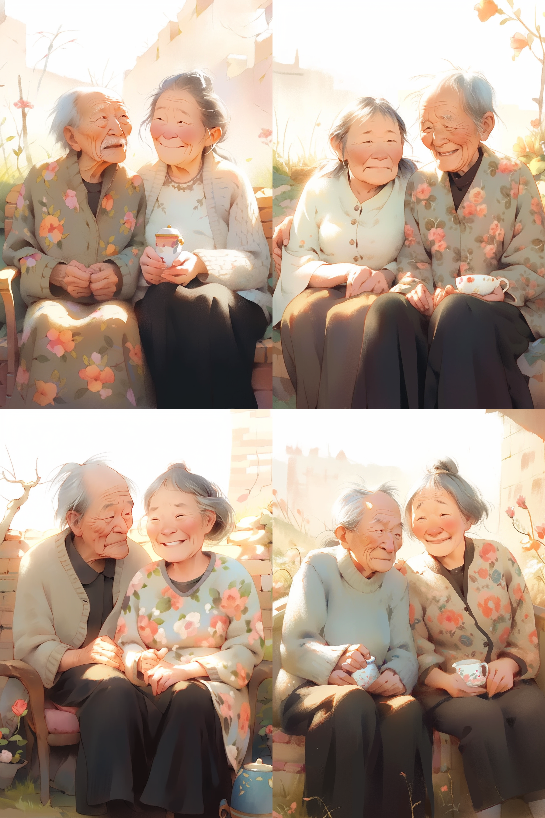 老夫妻坐在花园里，他们手牵手微笑。整个场景被温暖的阳光照亮，花朵绽放在周围，创造出梦幻般的氛围。插图以水彩风格呈现，明亮色彩和平面化构图增强了抽象感。手绘线条勾勒出老夫妻的轮廓，给人一种温馨和融洽的感觉。