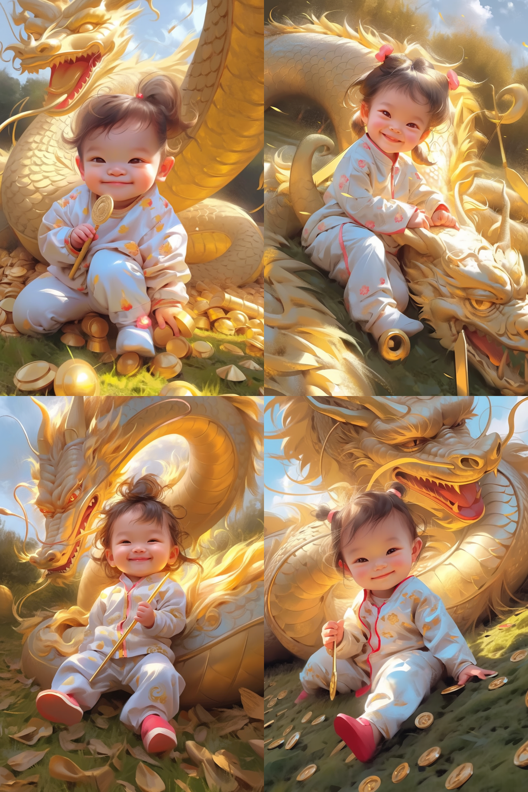 宝宝被金龙环绕，金币遍布，暖色调，高饱和度，特写镜头，光影效果，喜悦表情，金色元素，暴富氛围。