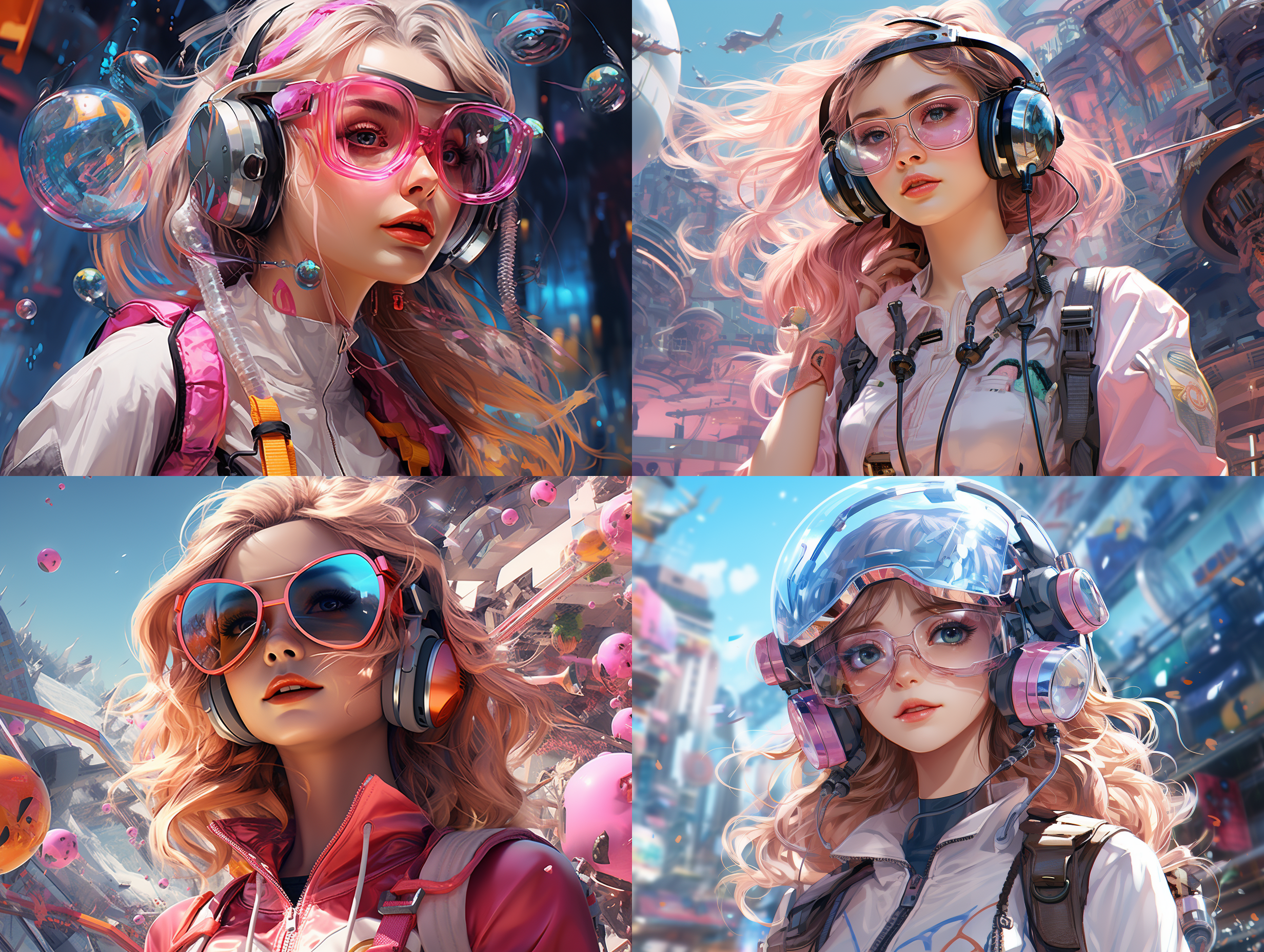 未来科技风格，高科技复杂设计，闪亮装饰，科幻眼镜，未来科技（飞行汽车，机器人），穿着未来主义和复杂服装的女孩，可爱，色彩丰富，粉彩，可爱动物，明亮色彩，复杂背景设计，俏皮，互动，数字艺术，高细节。