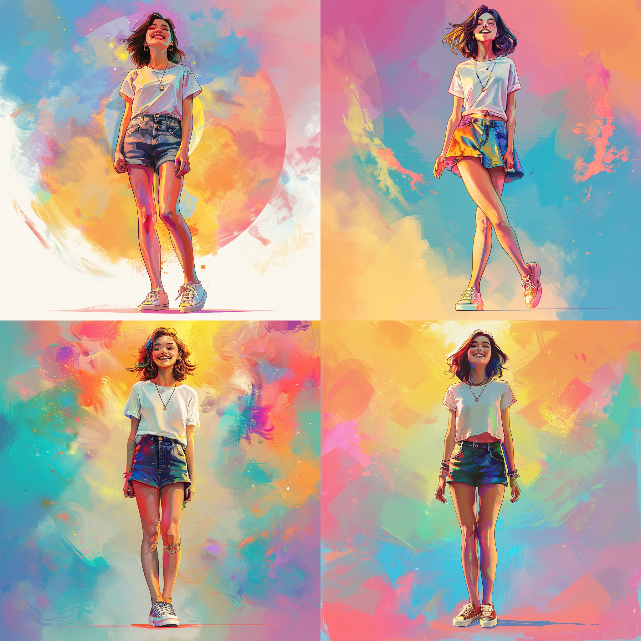 20多岁女孩，渐变背景，漫画风格，大光圈，广角镜头，自然光，自信微笑，放松姿态，白色短袖，超短裙，项链，帆布鞋，双手插兜，明亮色调，立体感。