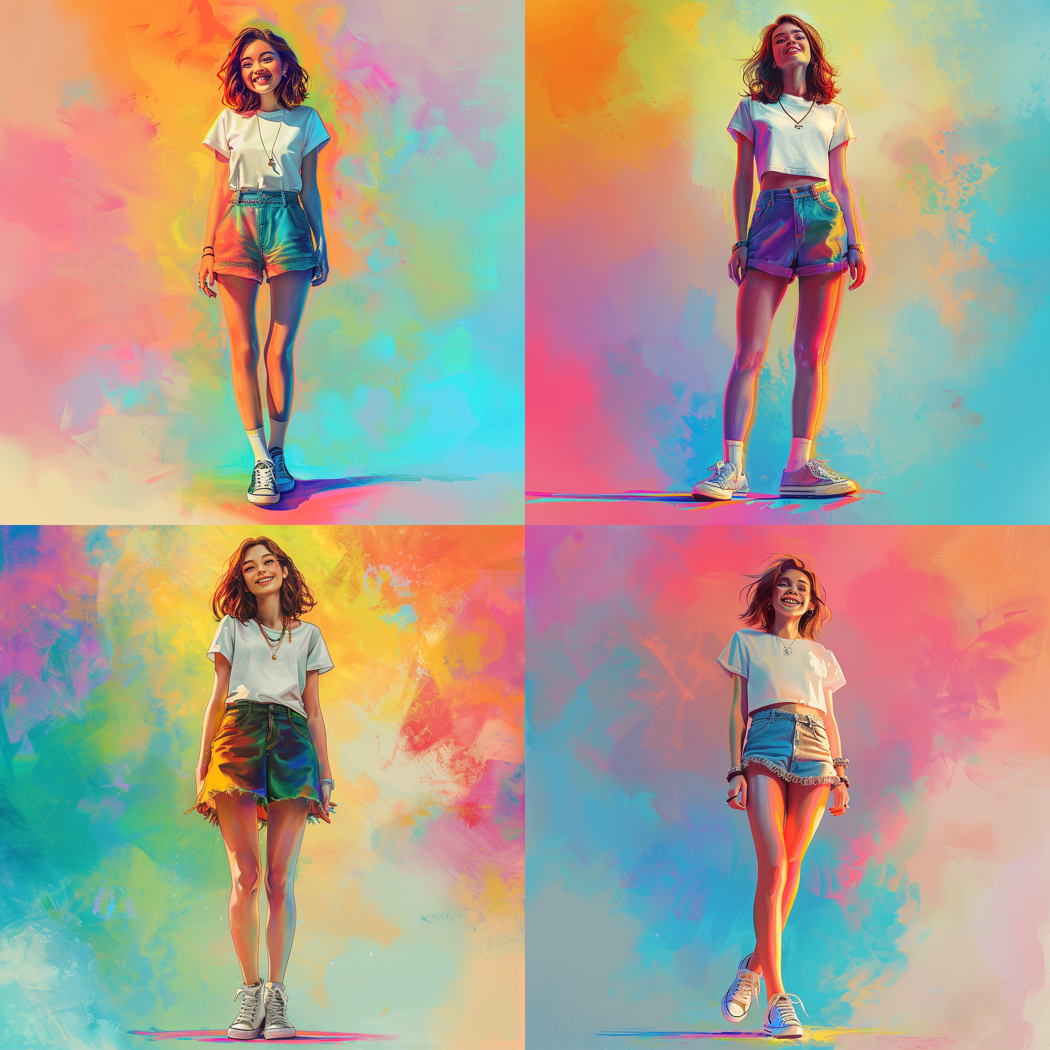 20多岁女孩，渐变背景，漫画风格，大光圈，广角镜头，自然光，自信微笑，放松姿态，白色短袖，超短裙，项链，帆布鞋，双手插兜，明亮色调，立体感。