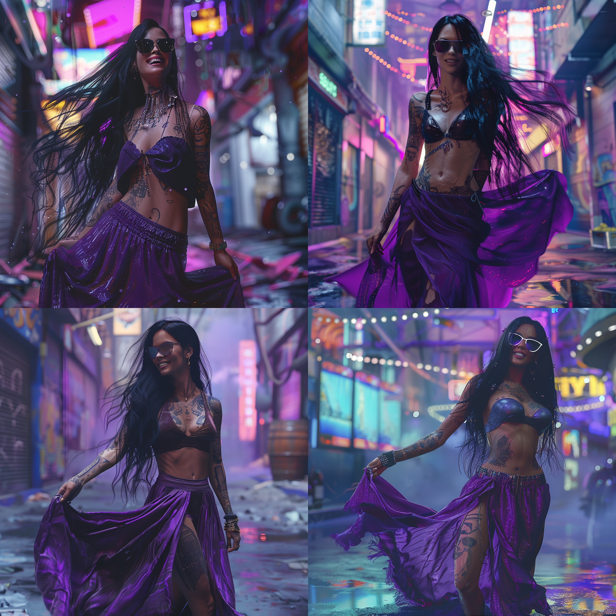 婀娜多姿女模特，黑色长发，微笑，写实，3d，赛博朋克都市背景，正脸，全身照，注视前方，飘扬裙摆，紫色长裙，纹身，高清晰度，对比色彩，环境反射，湿漉漉的表情，富有表现力，激动人心，腹肌，墨镜，侧光。