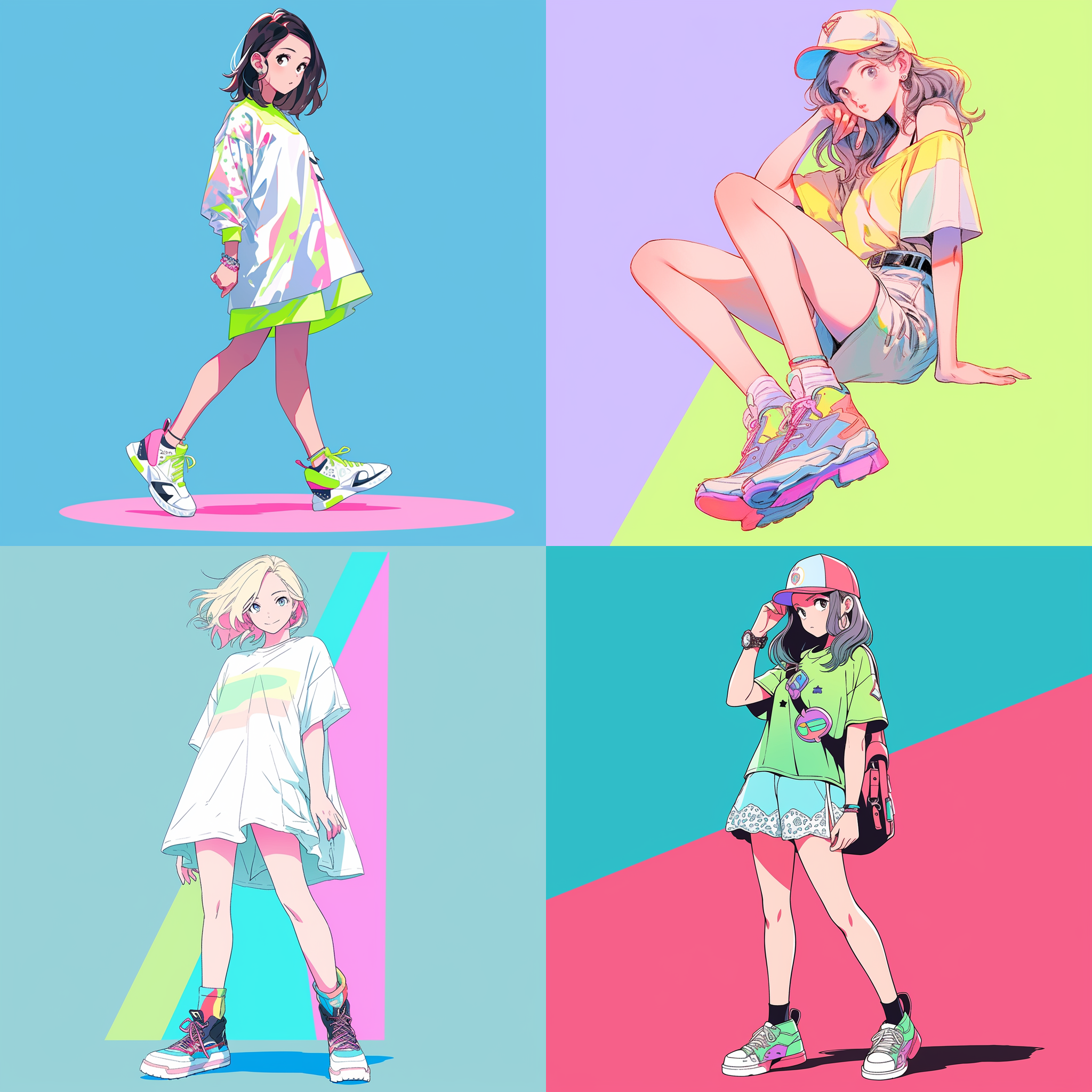 20多岁女孩，渐变背景，漫画风格，大光圈，广角镜头，自然光，自信微笑，放松姿态，白色短袖，超短裙，项链，帆布鞋，双手插兜，明亮色调，立体感。