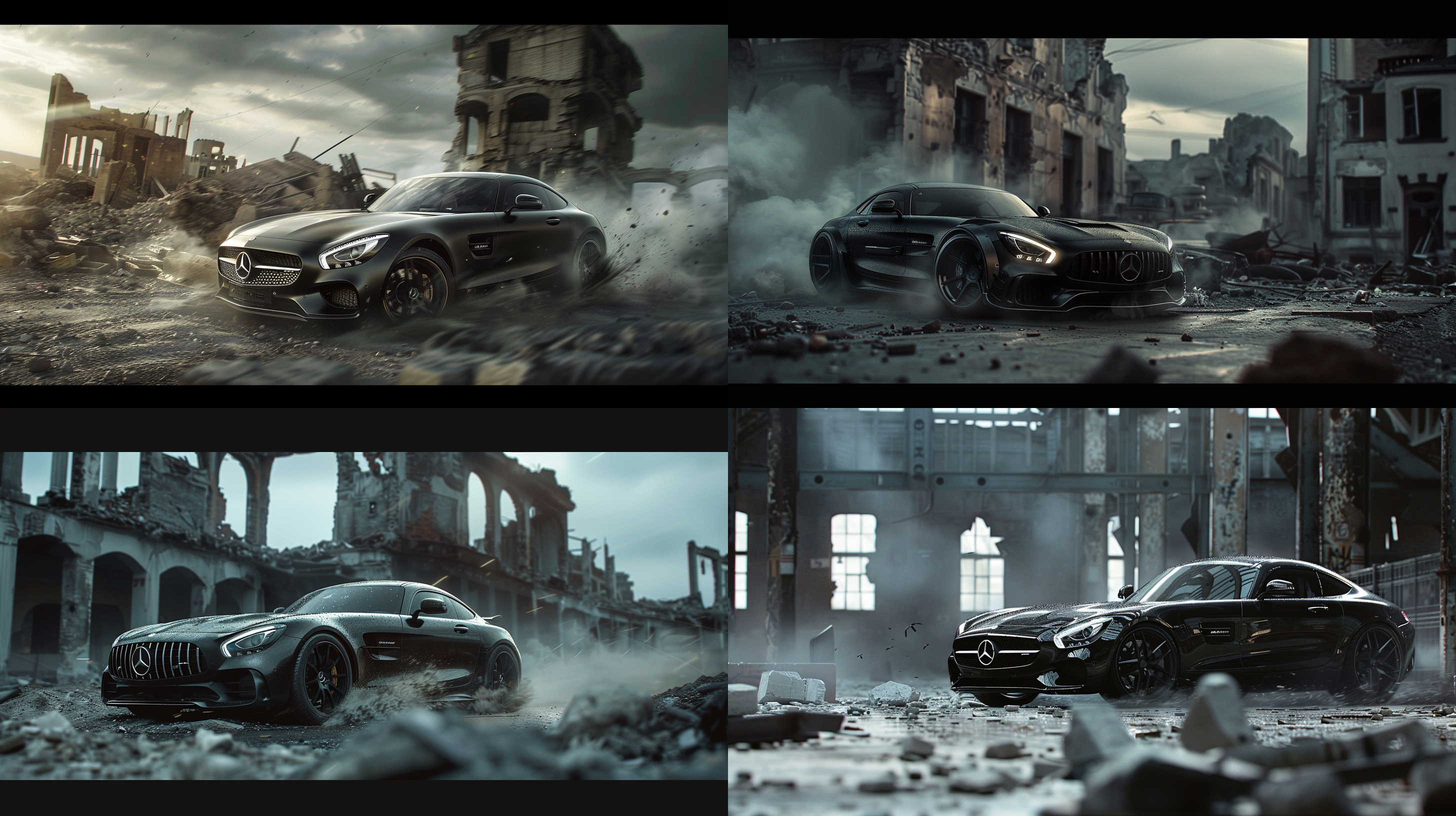 奔驰amg车辆穿越废墟建筑，阴天氛围，高角度视角，黑色车身，金属光泽，宽广景深，动感模糊，侧光打在车身上，速度感，紧张气氛。 