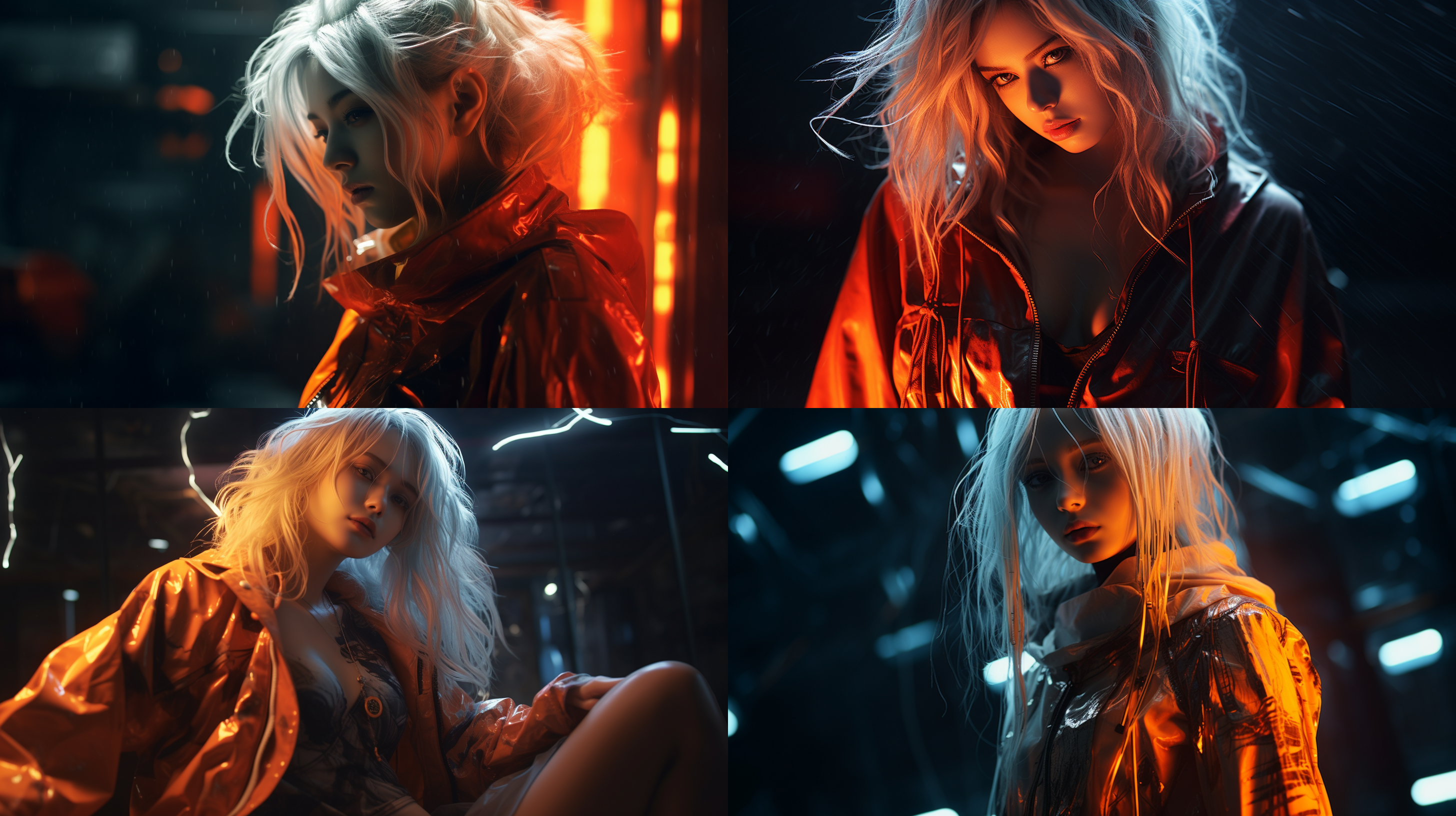 赛博朋克风格，一女孩，荧光灯，杰作级高质量，独自，骷髅人体，白发，戏剧光影，橘色服装，细节丰富环境，反射，上半身，阳光，非常长发，宽袖子，深度摄影，阴影，凌乱头发，诱人轮廓，暗色调，夜晚，暗调照片，颗粒感，昏暗，刘海，电影般的照明，泰安达尔效应，抽象背景，充满活力的色彩，现代风格，艺术感，动态构图，独特纹理，大胆质感，色彩丰富，时尚，年轻，充满活力，创意，表现力强，时尚，潮流，白色大理石发光肌肤。