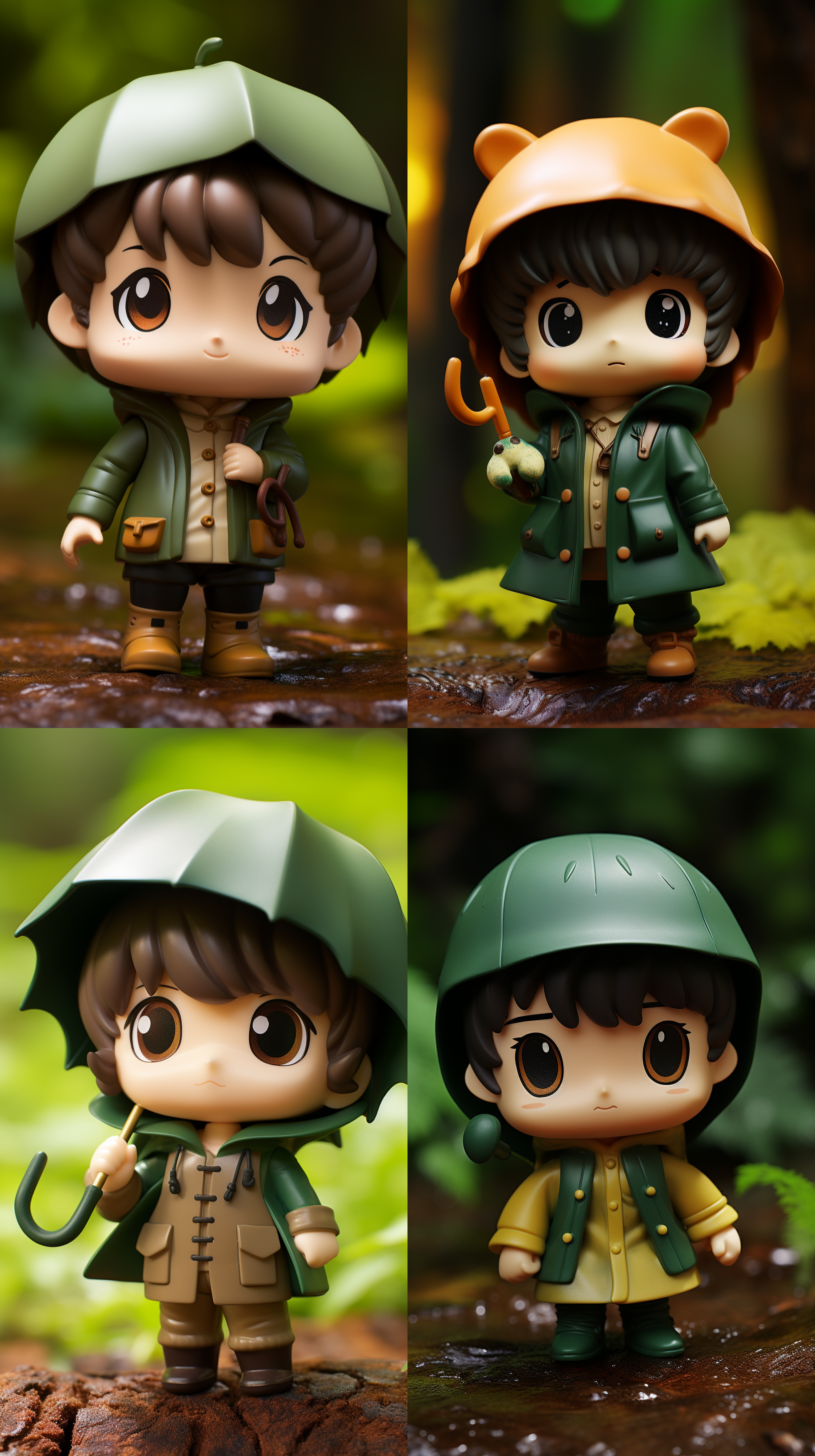 q版人物，super cute boy ip pop mart blind box，森林玩耍，下雨打伞，可爱雨衣，棕色头发，胖脸大眼，小鼻子，白皙皮肤，丰富饰品，萌表情，夸张姿势，绿色细节，小动物，森林背景，前视图，电影照明，明暗对比，3d，c4d，oc渲染，最高质量，8k。