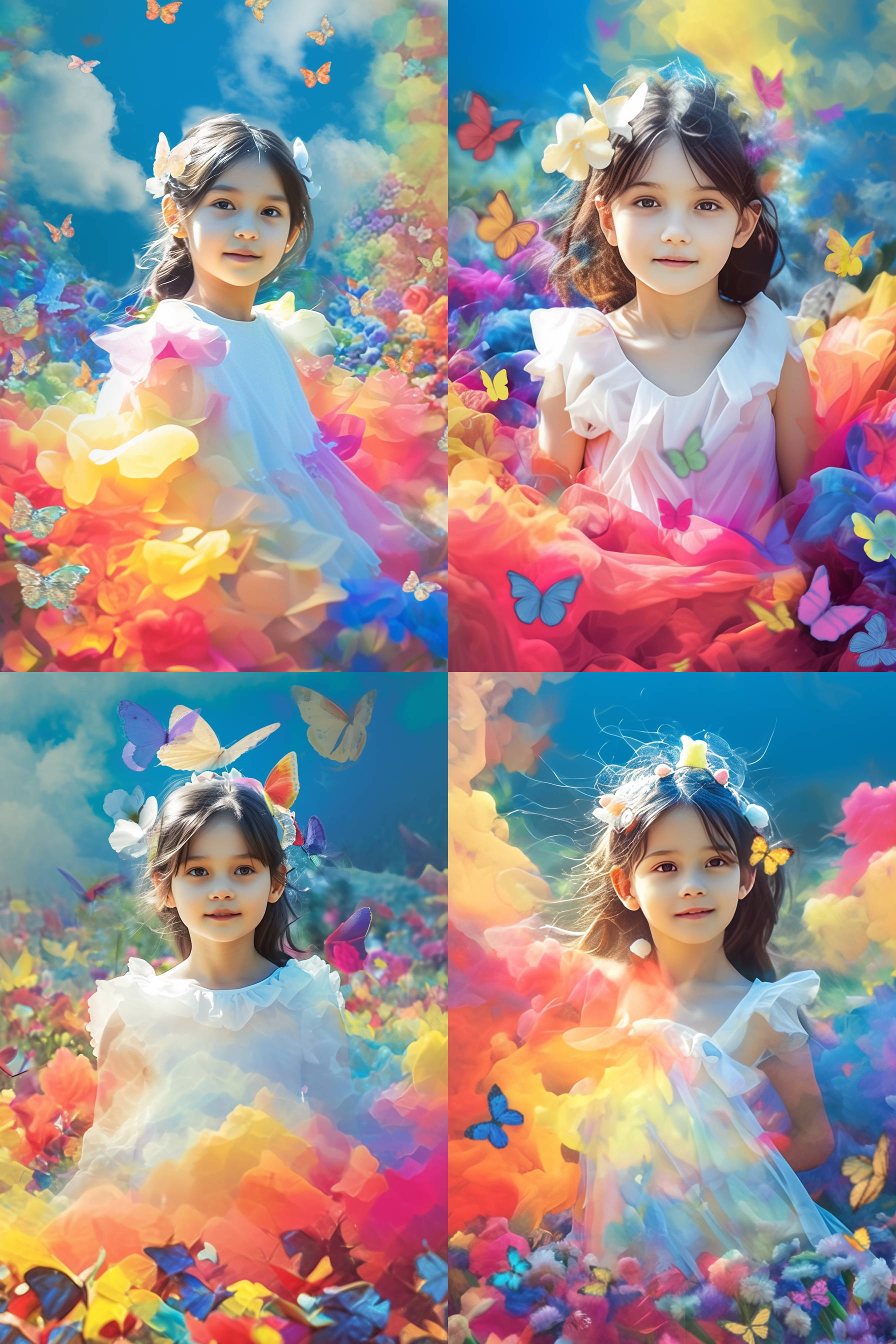 可爱女孩，漫画风。女孩穿着甜美的连衣裙，笑容灿烂。她站在五彩斑斓的花海中央，背景是绚丽的云彩和蓝天。整个画面充满了活力和快乐。彩色调，柔光，大笑，花朵，温暖，童趣。