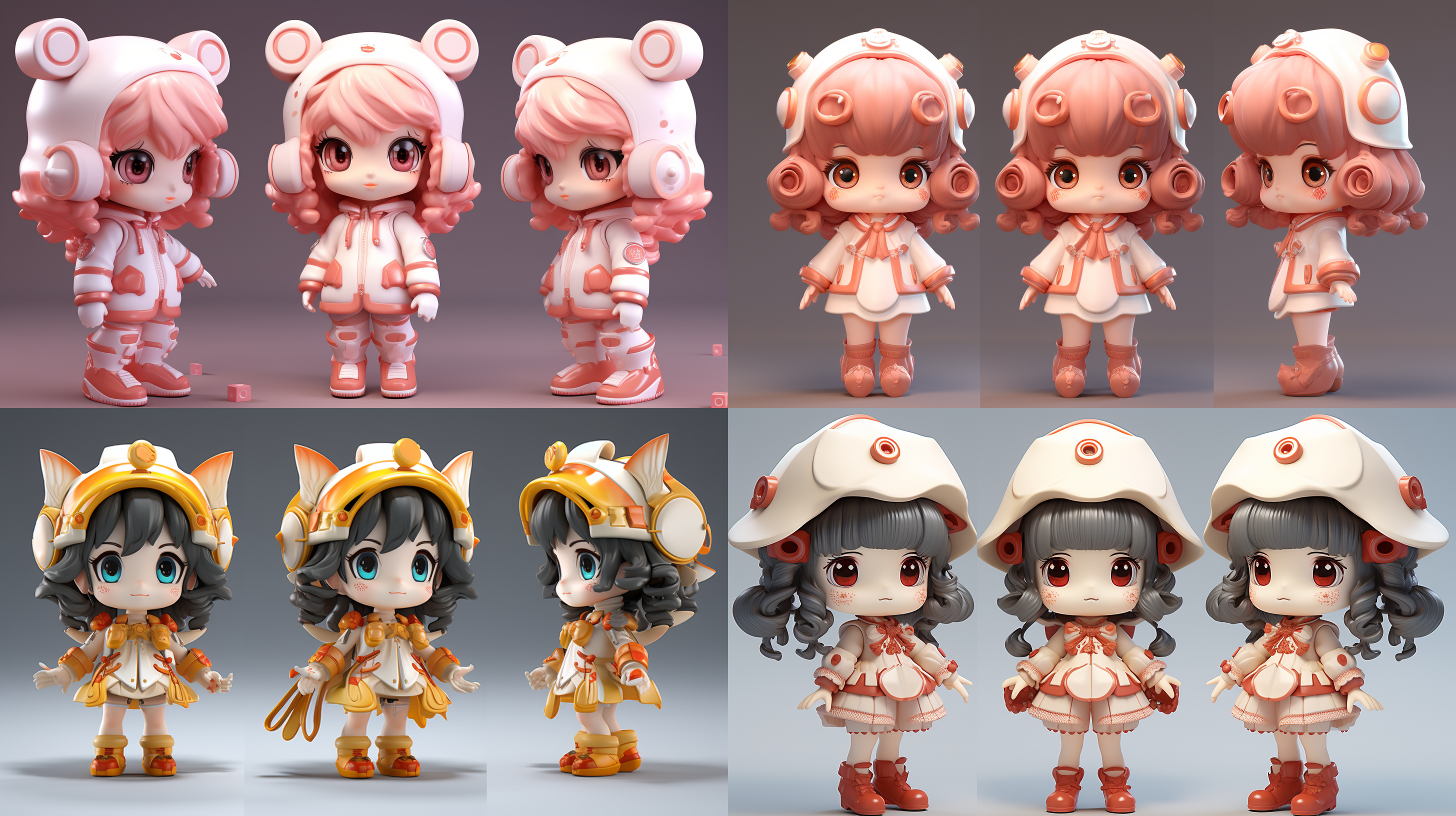 全身，生成三视图，即前视图、侧视图和后视图，十二生肖，超可爱的女孩戴着中国龙形帽子，科技元素，时尚的衣服，站姿，超可爱的ip由pop mart，hb i，模型，盲箱玩具，精细光泽，干净的背景，3d渲染，oc渲染，最佳质量，4k，超细节，pop市场玩具，演播室照明