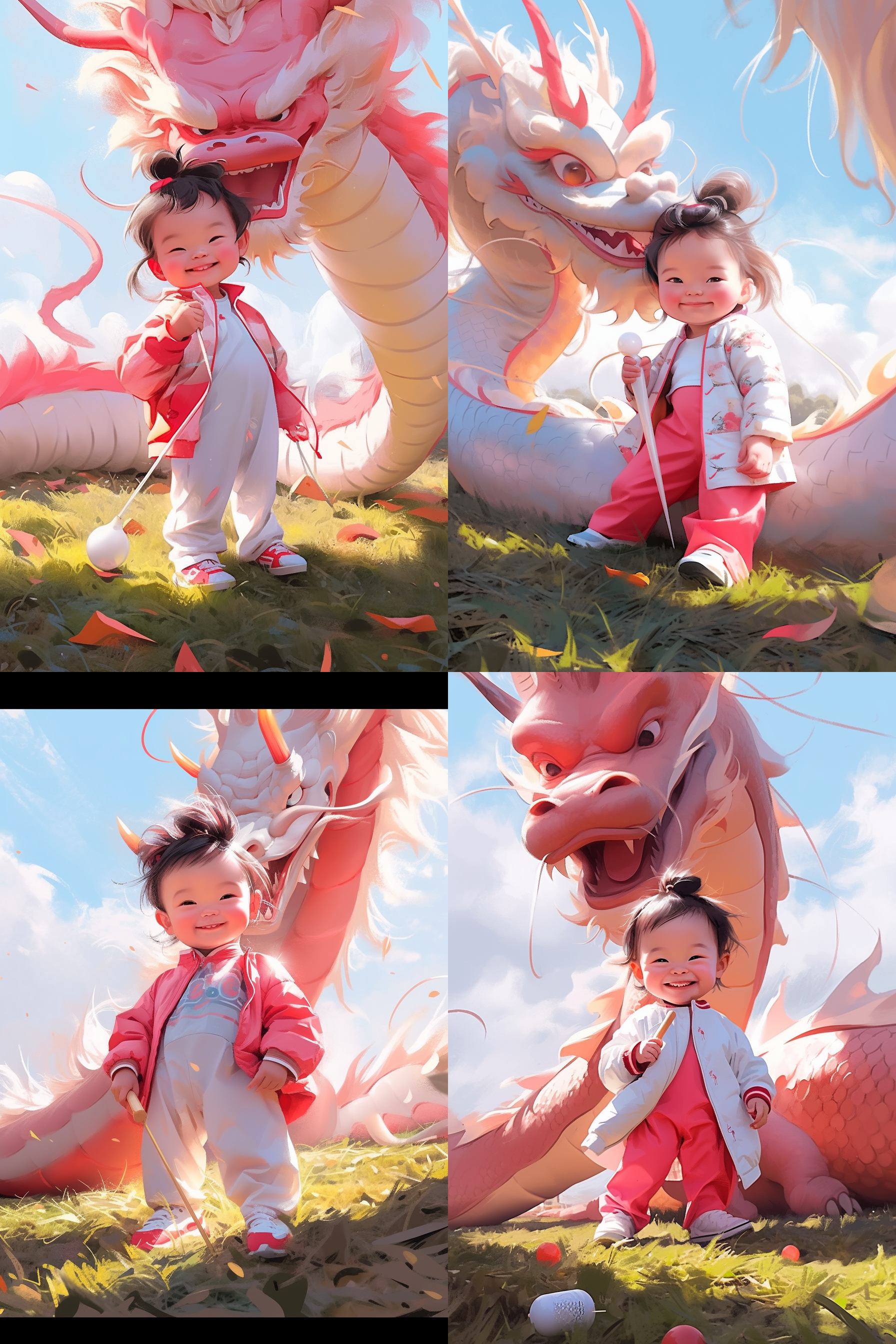 可爱宝宝和红色大龙，五彩云，卡通风格，奶油风，童话色彩，中景构图，柔和光线，微笑，温馨，幻想，梦幻 