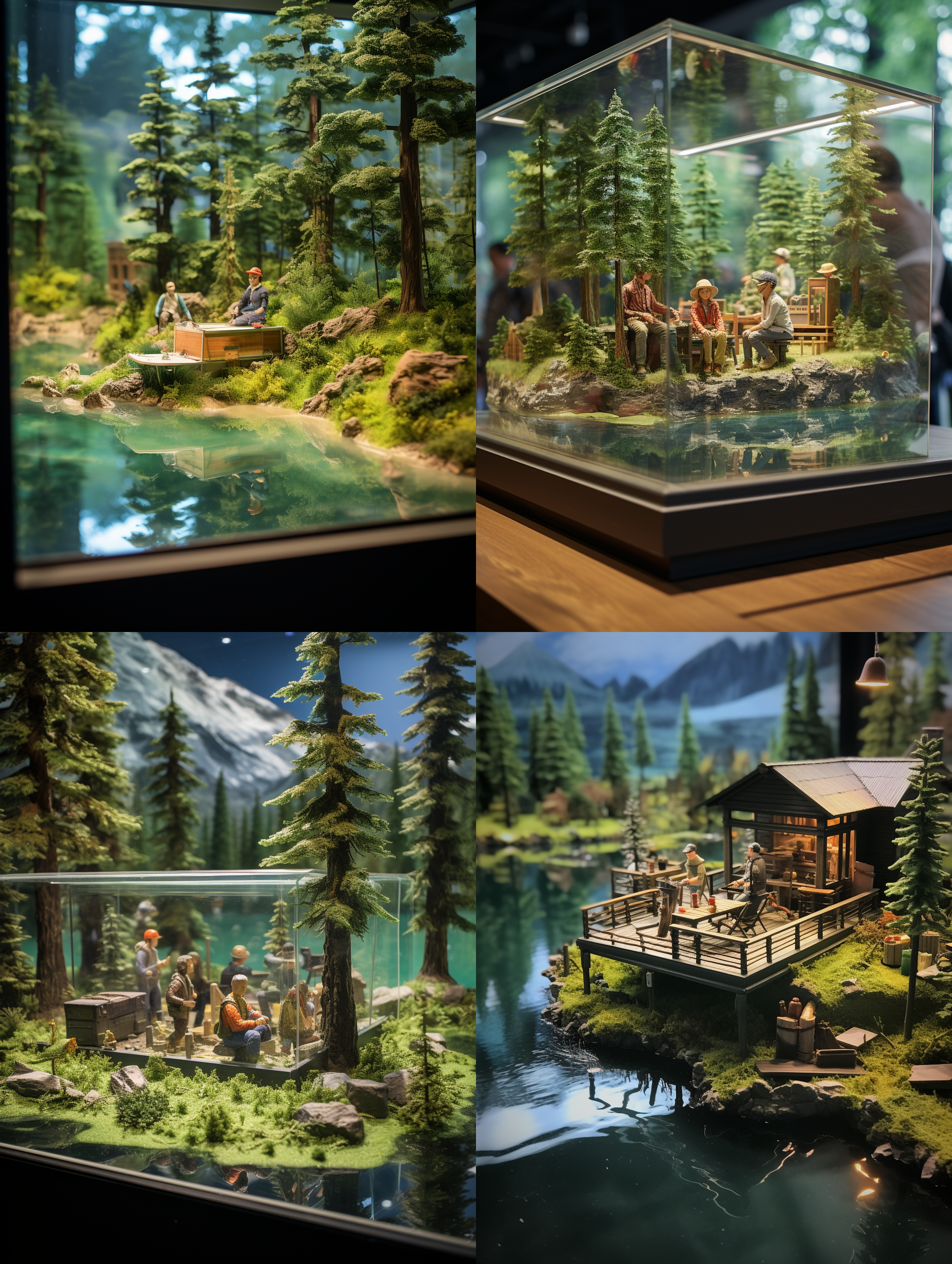 玻璃罩的展台上一幅微缩模型，几个人在湖边钓鱼，露营，环境优美，自然景色，高清，自然光，摄影级作品，立体模型，移轴摄影
