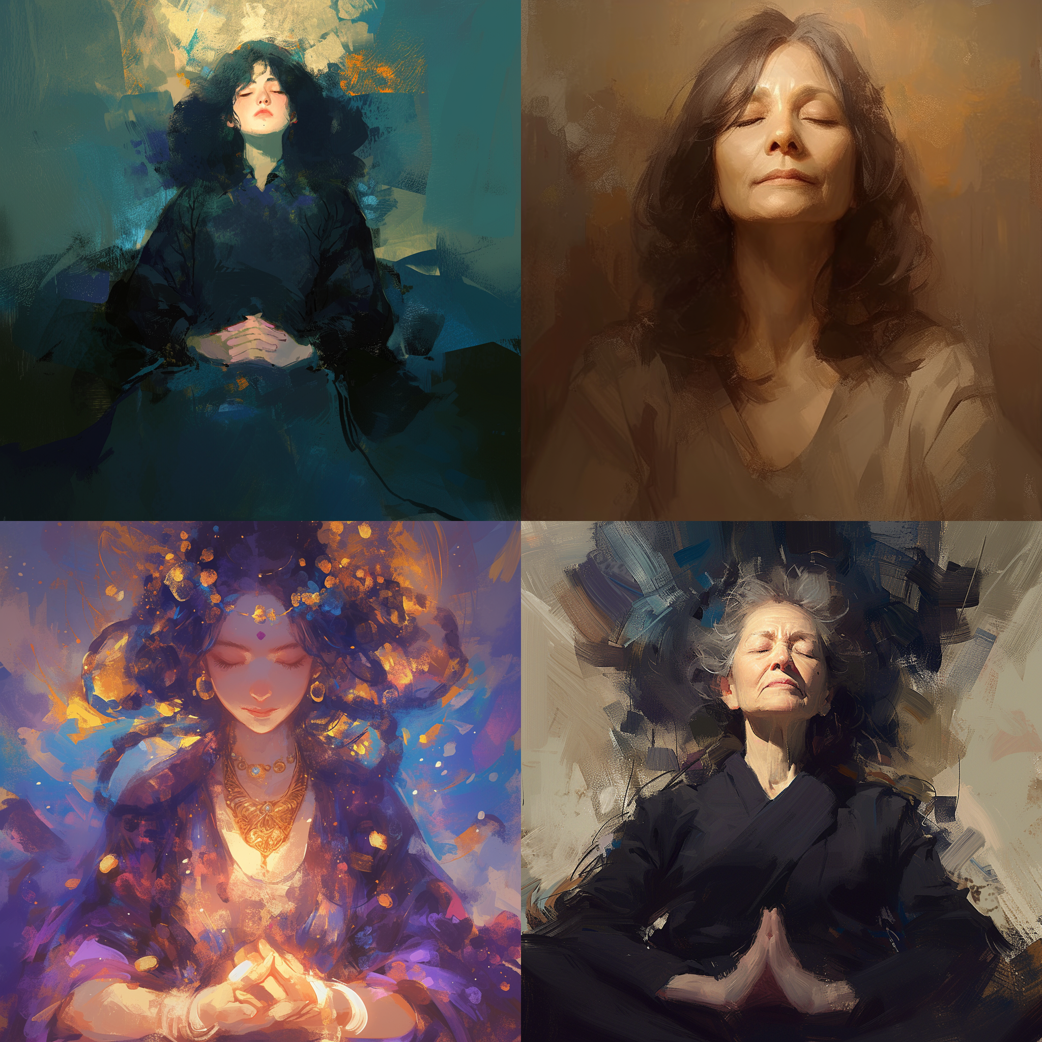 成熟女人闭目冥想，黑发眉心痣，光芒映衬，油画风格，虔诚表情，艺术增强，细节丰富，柔和色调，大光圈，抽象背景，神秘感。