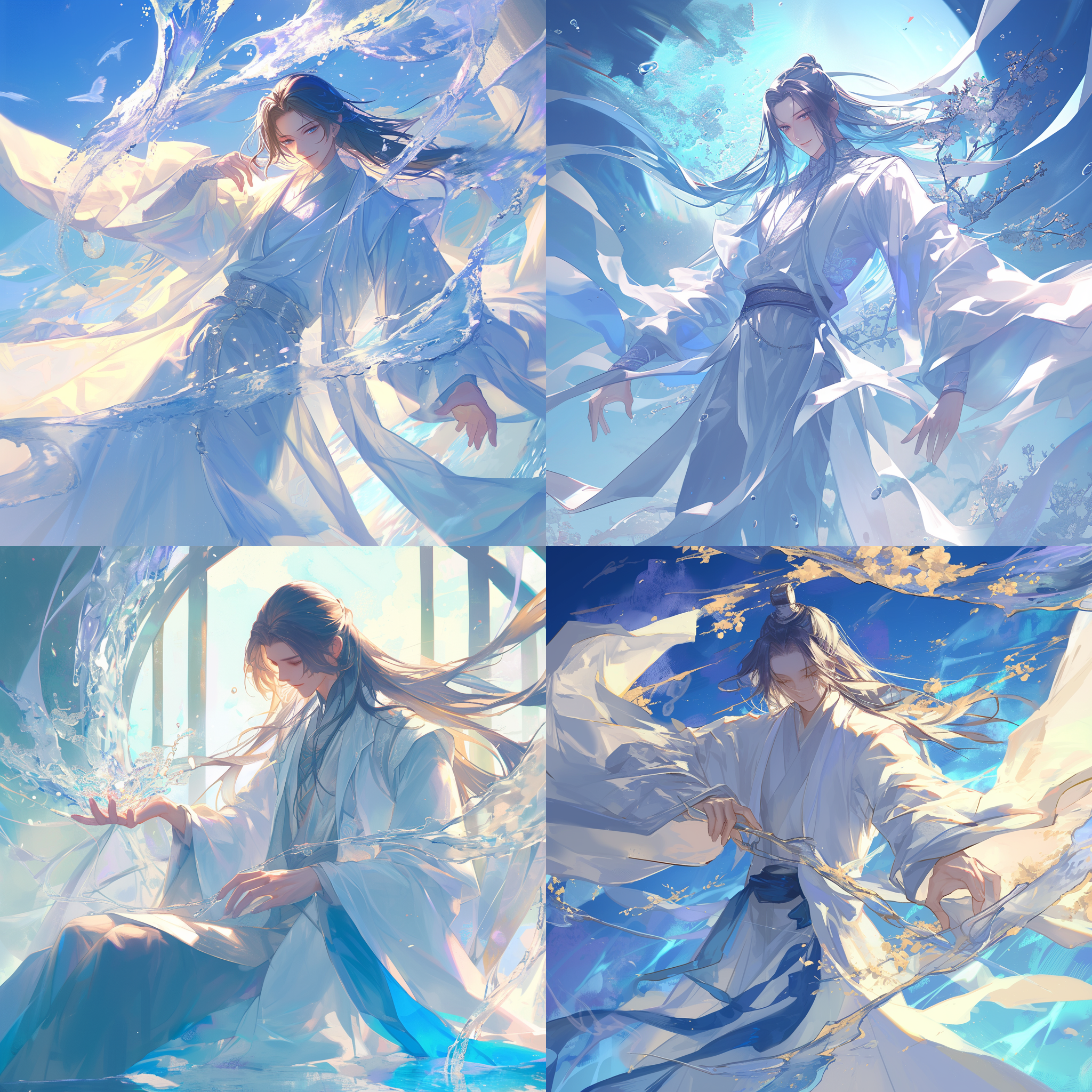 国风男，长发，大长腿，白色服饰，古装，意气风发，微笑，中国风，竖构图，柔和光线，长焦镜头，水面倒影，优雅动作，传统元素，柔和色调