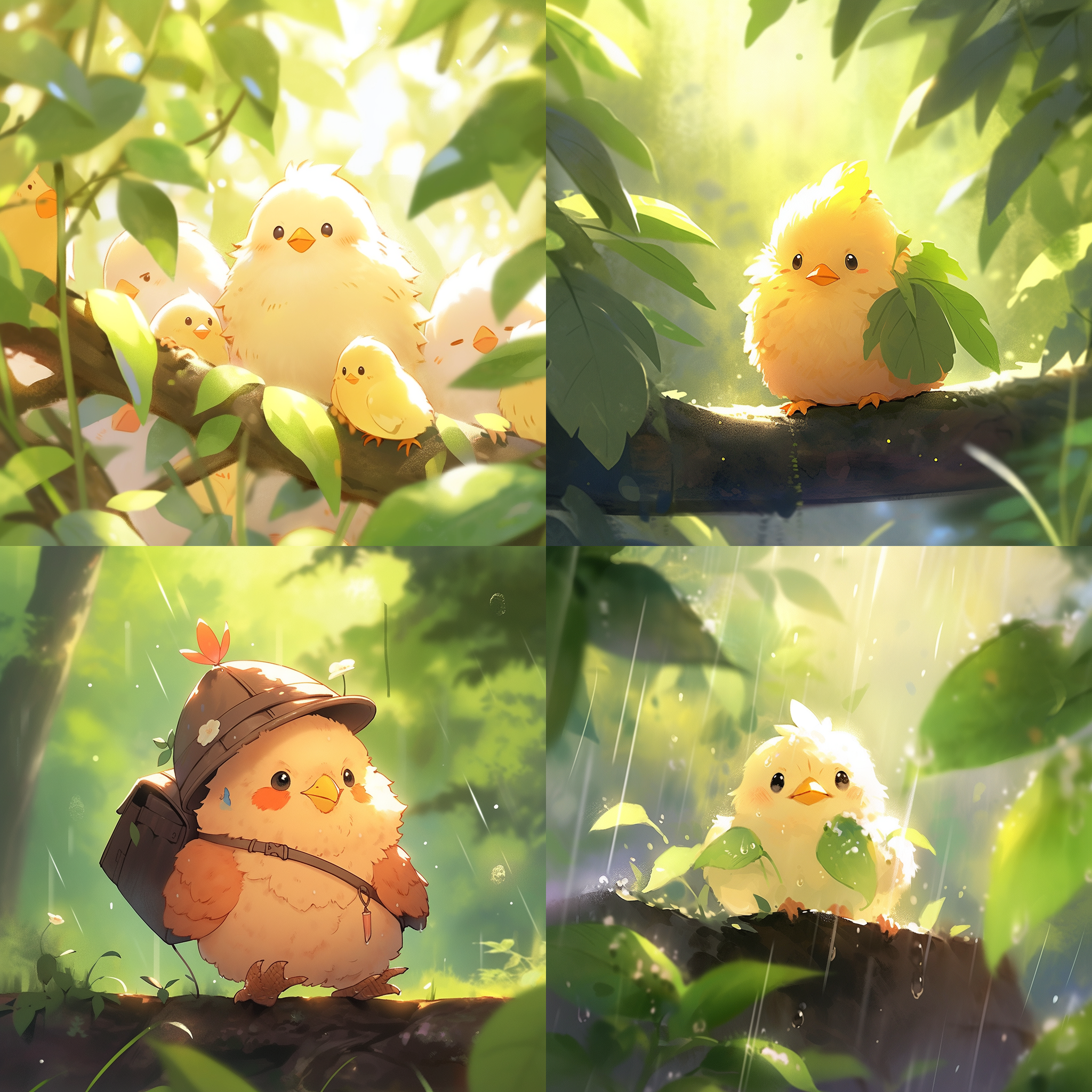 可爱小鸡探险，绿树花园背景，毛茸茸身体，明亮眼睛，中心构图，自然光，微距镜头，自然色调，欢快活泼，温暖，简笔画。