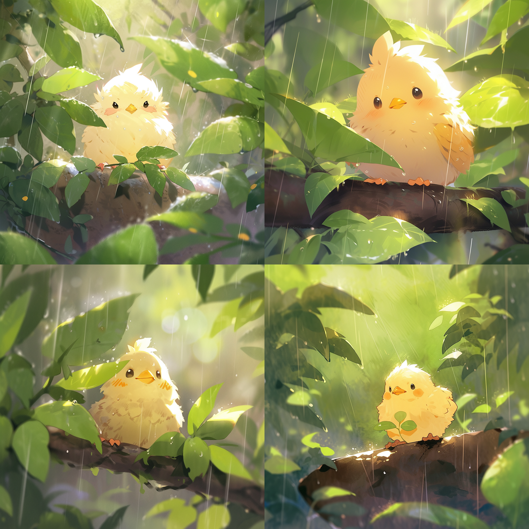 可爱小鸡探险，绿树花园背景，毛茸茸身体，明亮眼睛，中心构图，自然光，微距镜头，自然色调，欢快活泼，温暖，简笔画。