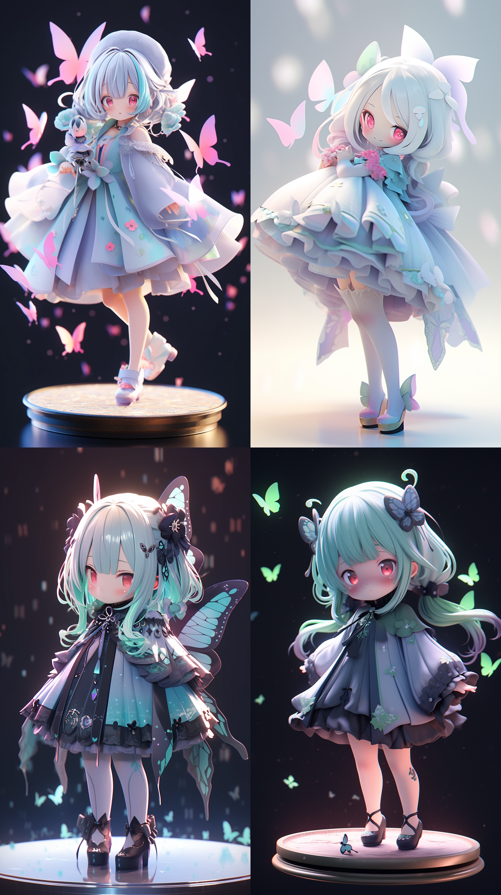 全身，摄影棚背景，可爱女孩，她有红色眼睛，她背后有紫色蝴蝶翅膀，穿着琉璃色纱裙，衣服是刺绣材料，毛绒娃娃的艺术风格，流行盲盒，娃娃是明亮的粘土材料，3d，oc渲染，全息，3d，blander，4k，超质量，高细节，高分辨率