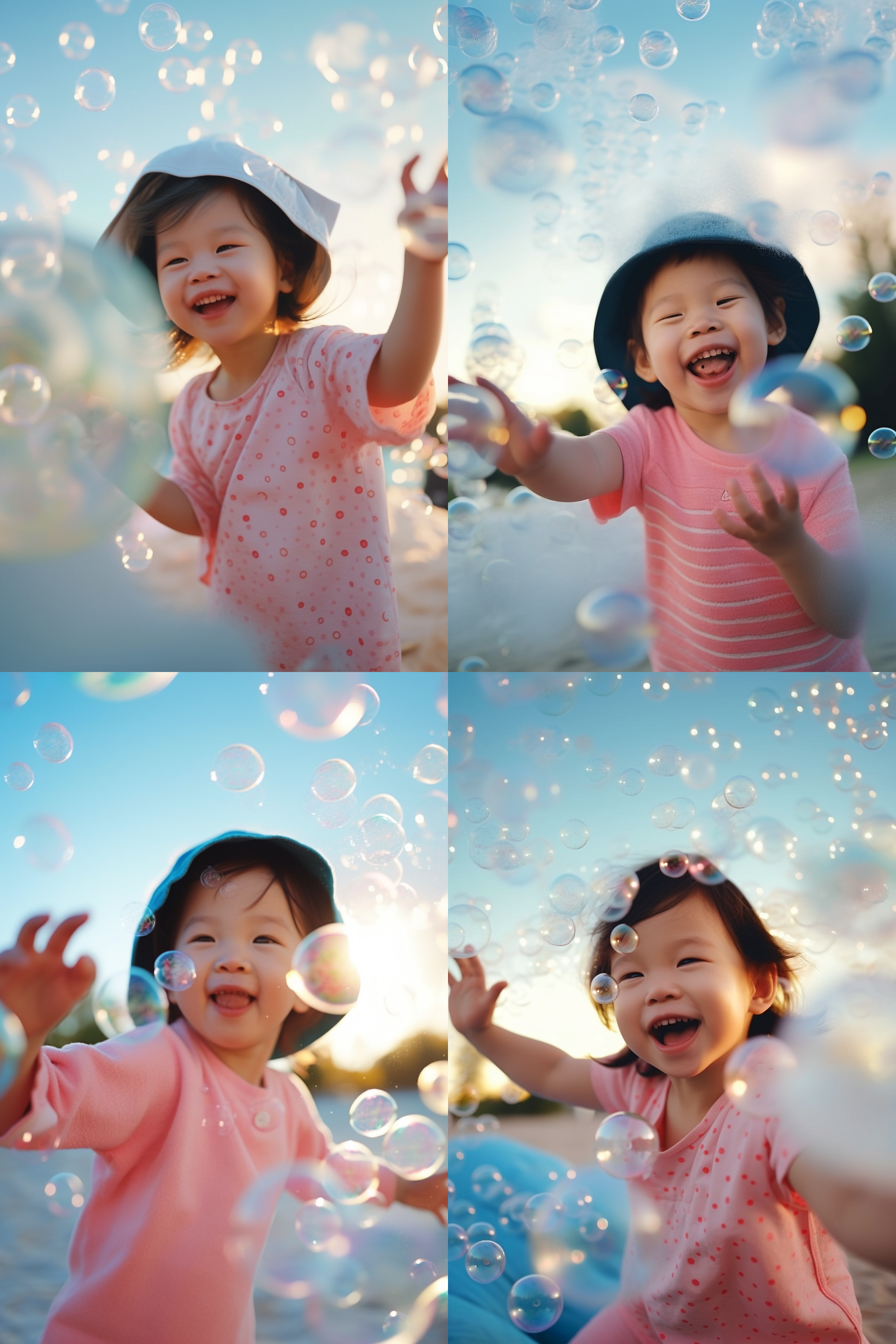 宝宝戴着蓝色连体衣，笑得灿烂，手中握着大泡泡，背景是绚丽多彩的气球。正面构图，明亮柔和光线，童真表情，多彩色调，嬉戏，快门优先，50mm定焦镜头，欢乐。