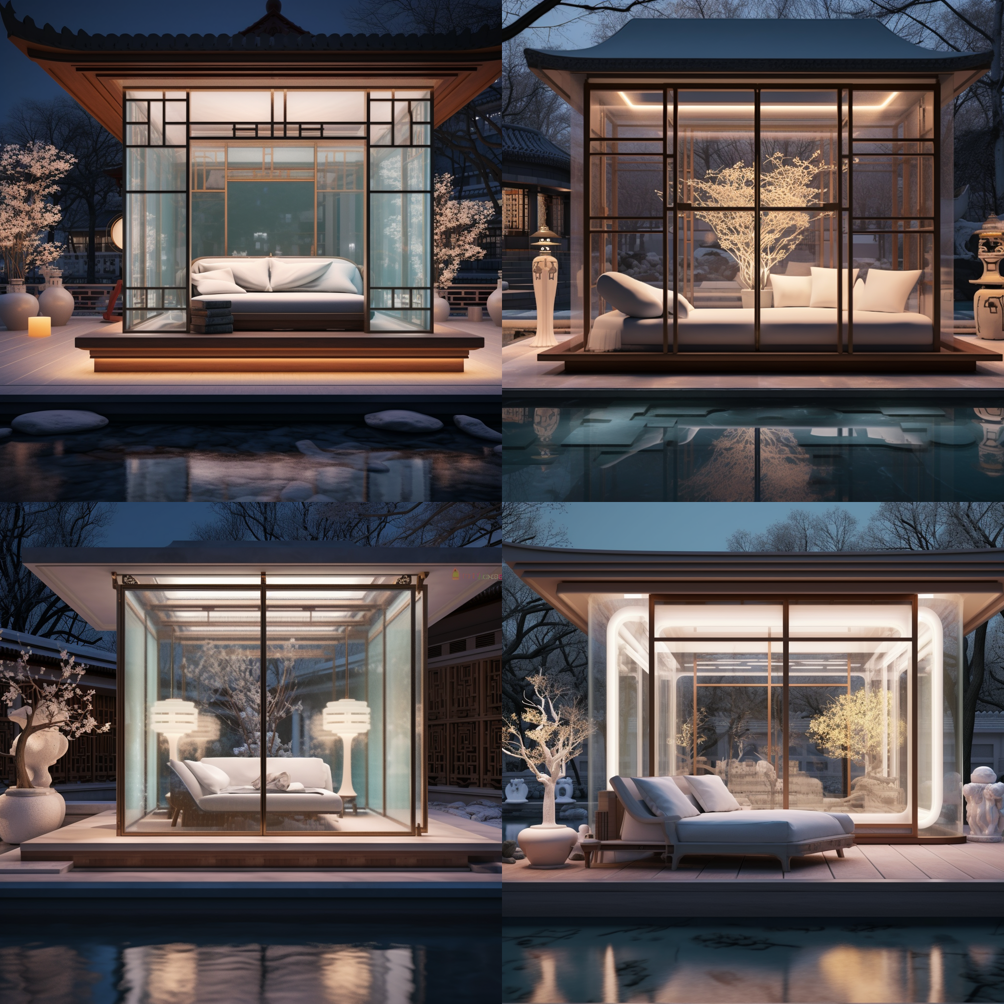 宋代装修风格书房，透明玻璃外围，落地灯，古典风格，静态构图，暖色调，环境光，中焦镜头，书架，窗外风景，宁静。