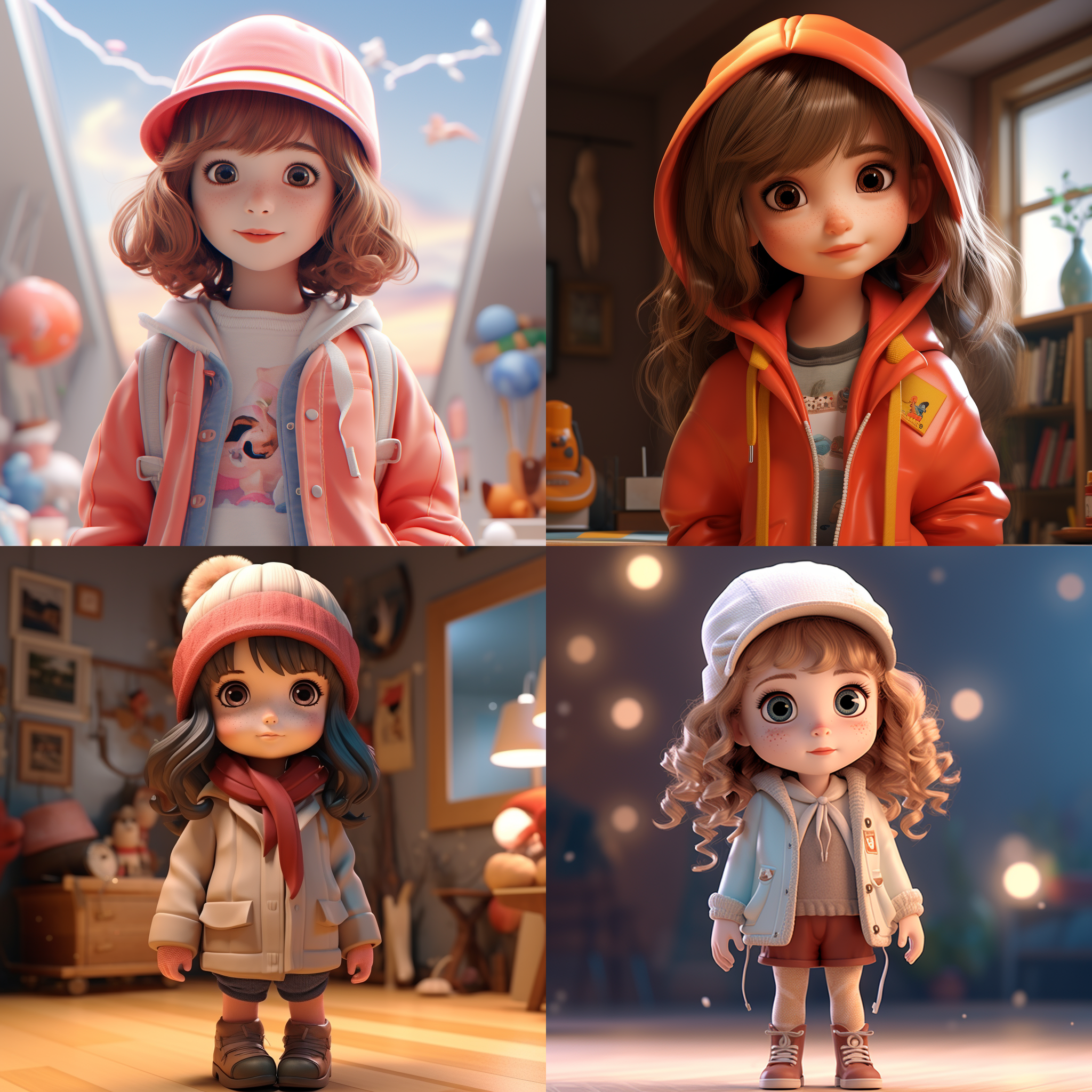 可爱的小女孩，面对镜头，站得自然饱满，高端自然配色，可爱多彩，ip盲盒形象，任务设计细节，卡通写实，4k展示