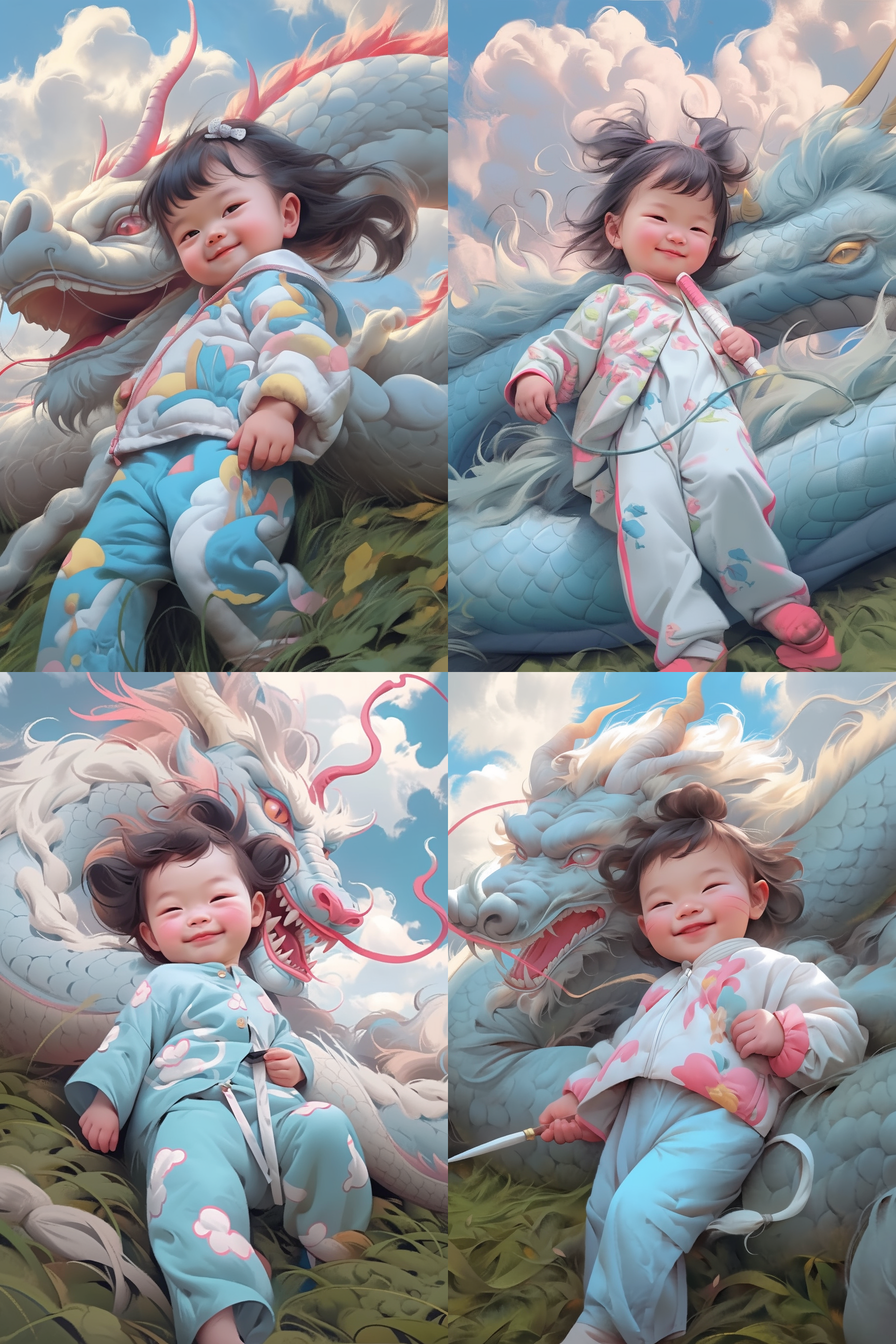 女宝宝与大龙，五彩云，卡通风格，奶油风，童话色彩，中景构图，柔和光线，微笑，温馨，幻想，梦幻，35毫米镜头