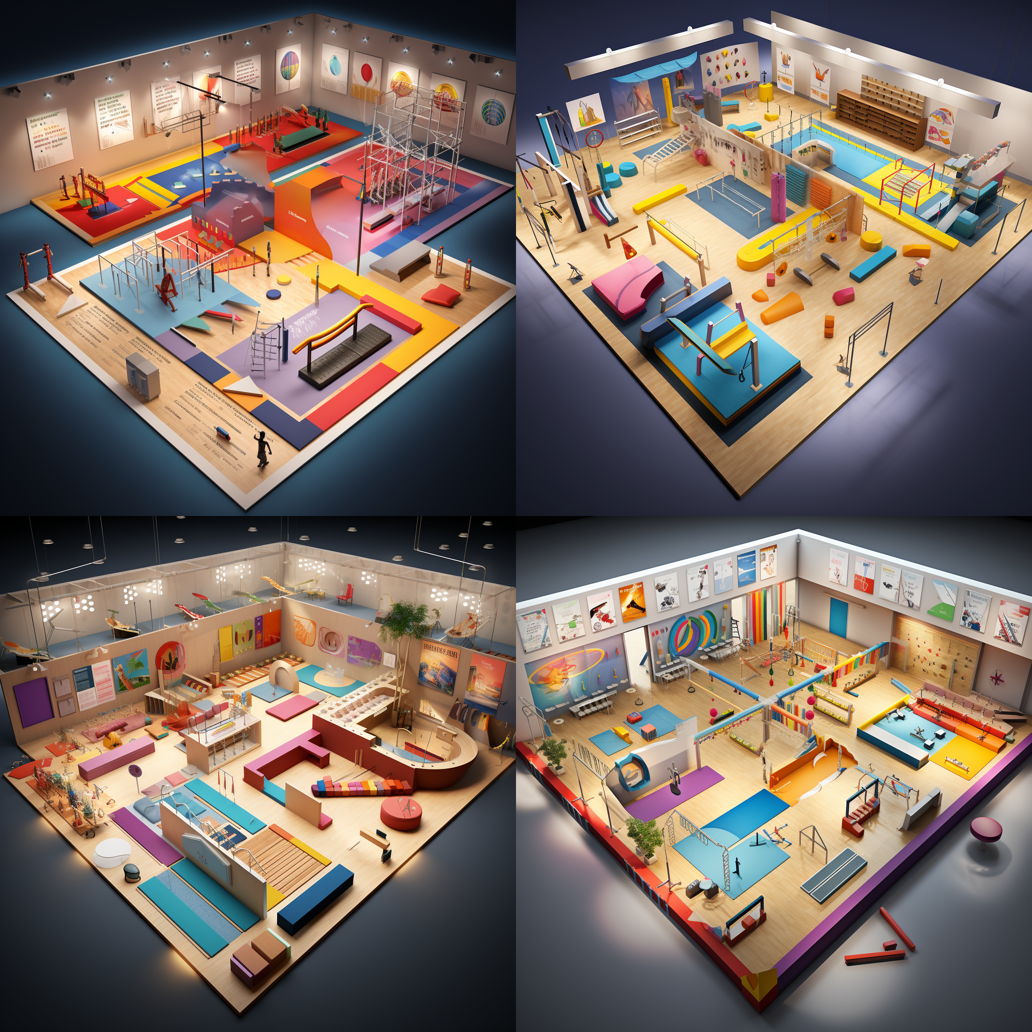 社区体操房内，一幅立体设计图展示着蹦床、平衡木、垫子、单杠和跳马等器械。图中逼真的细节呈现出具体尺寸，突出了每个元素的特点。明亮的照明让整个场景充满活力，色彩鲜艳。体操运动员在跳马上展现出自信和力量，给人以挑战和进取的情感。