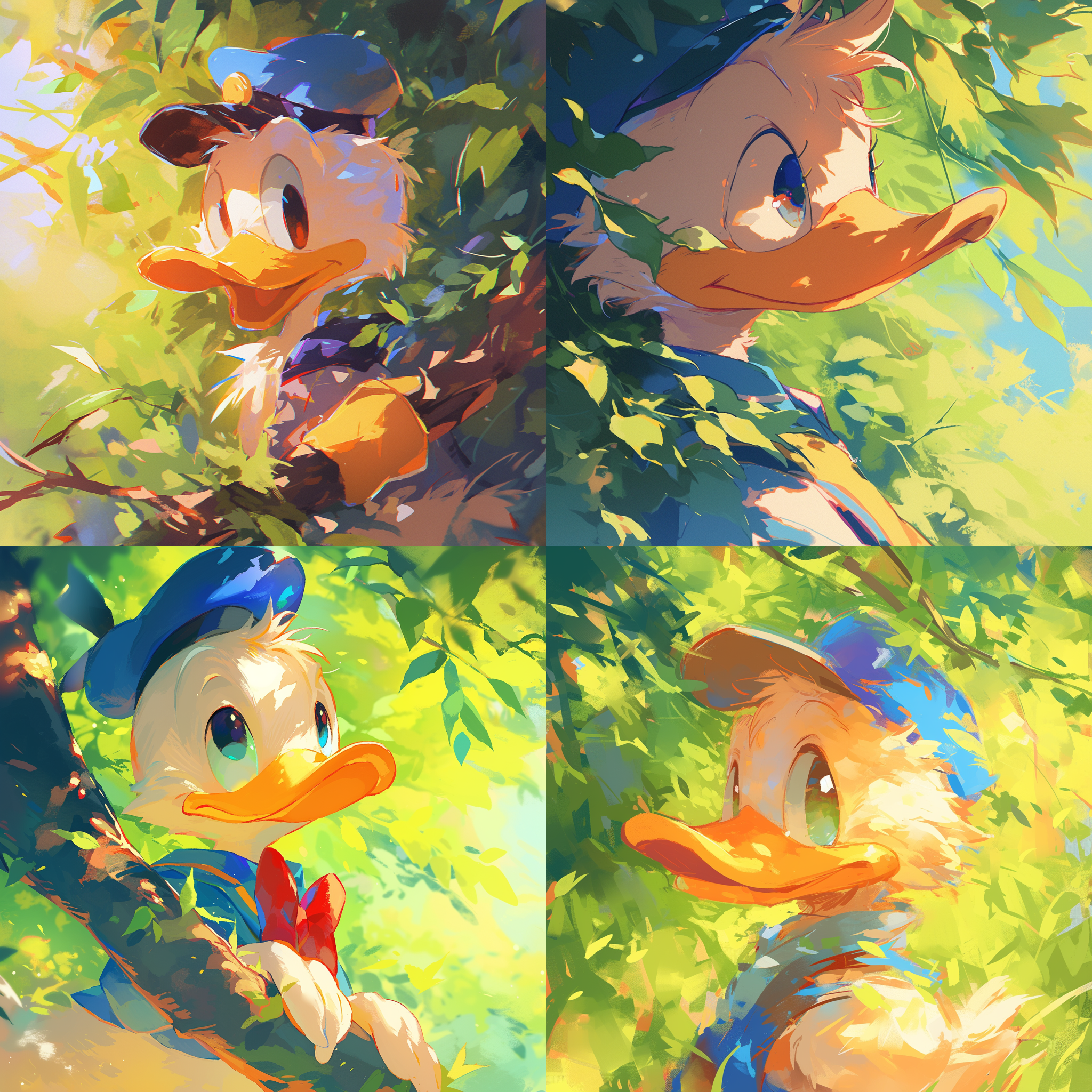 可爱唐老鸭探险，绿树花园背景，毛茸茸身体，明亮眼睛，对角线构图，自然光，微距镜头，自然色调，欢快活泼，温暖，简笔画。