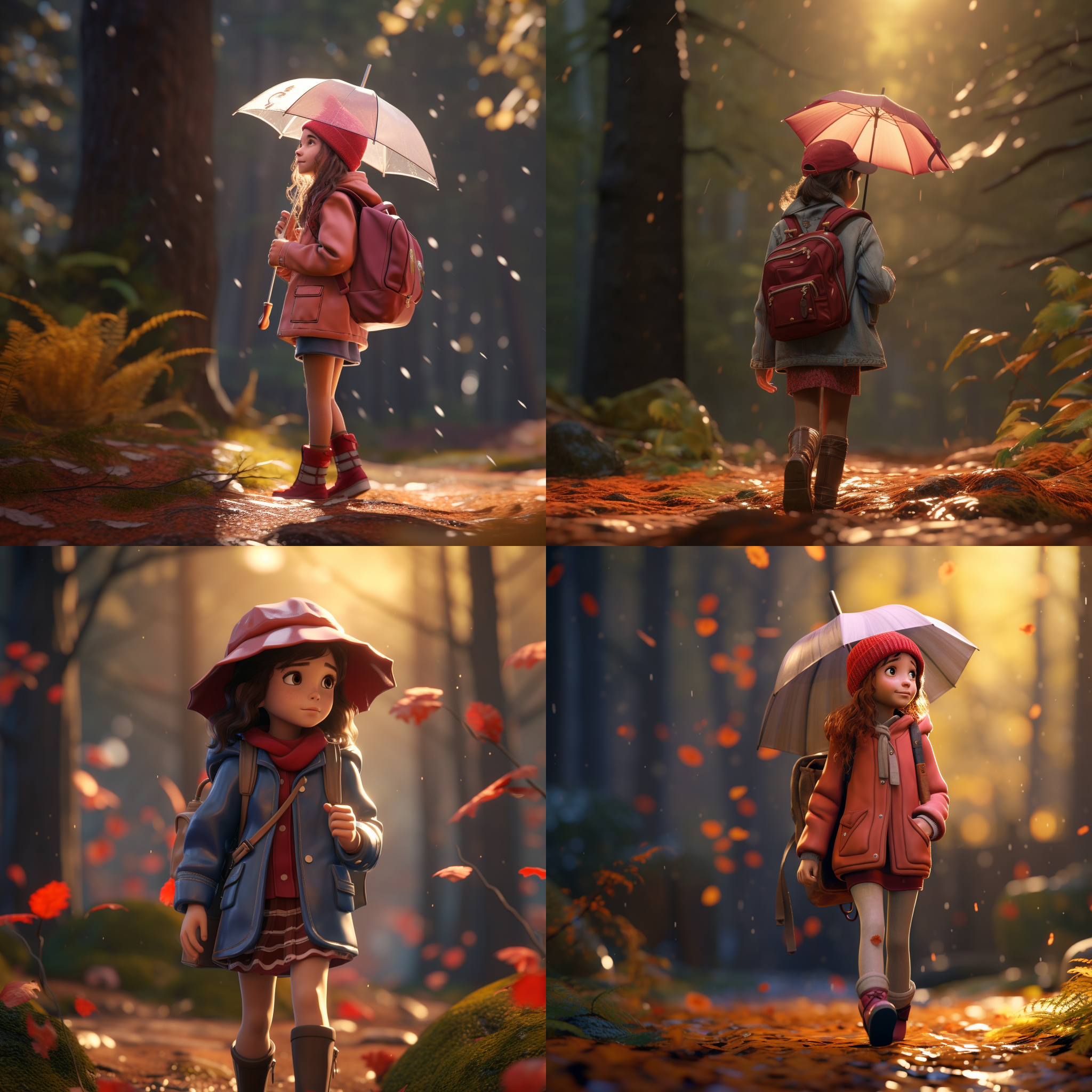 一个可爱的女孩在森林里清晨雨天打着伞背着包散步, 3d效果, 渲染, 黏土质感, 皮克斯风格, 动画光景深效果, 丰富细节, 4k, 9:16