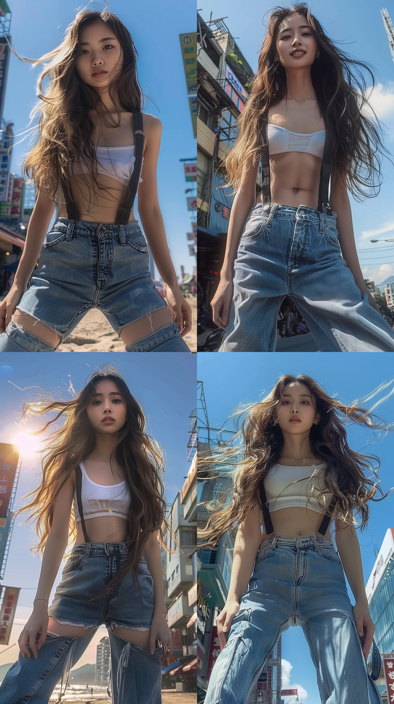 二十岁左右的亚洲女孩，黑色长发，波浪大的卷发，吊带，紧身裤，身材完美，阳光下，海滩边，色调明亮，令人印象深刻，眼睛明亮，笑容灿烂，青春热情，写实风格，专业光影，时尚杂志，大师级摄影，超大广角