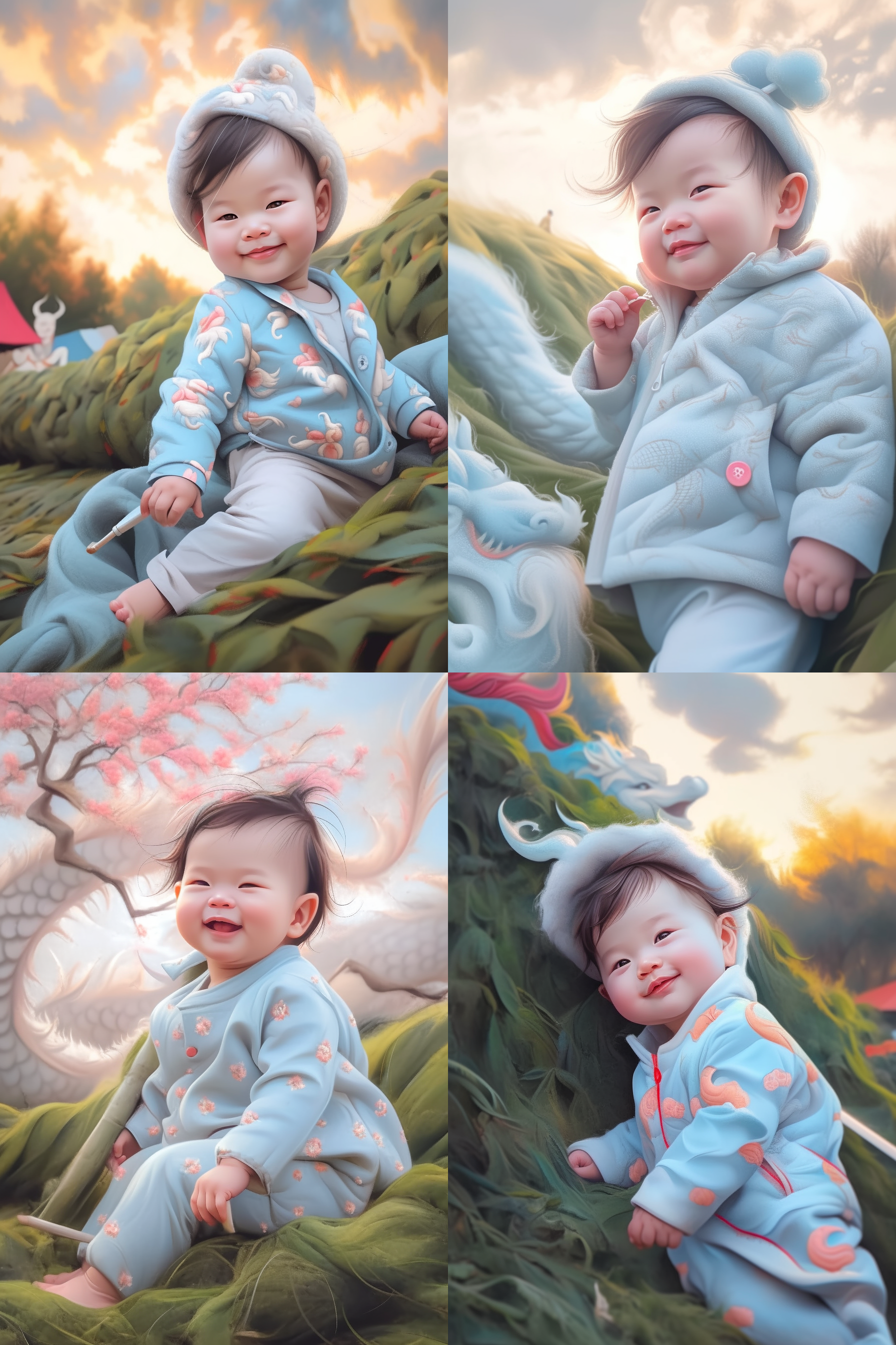 龙年宝宝，色彩丰富，户外环境，微笑，童真表情，逆光拍摄，长焦镜头，自然光，瞬间抓拍，活泼可爱，温暖情感。